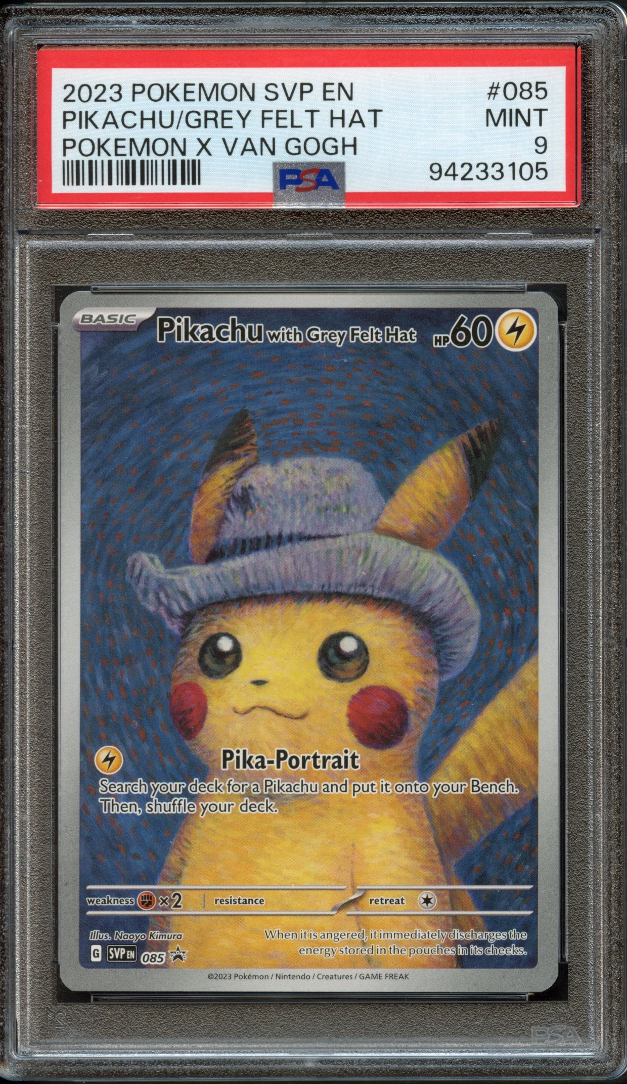 PSA 9 Pikachu with Grey Felt Hat #85 S&V; Van Gogh (2023): This card has been graded and authenticated by PSA, achieving a Mint 9.
