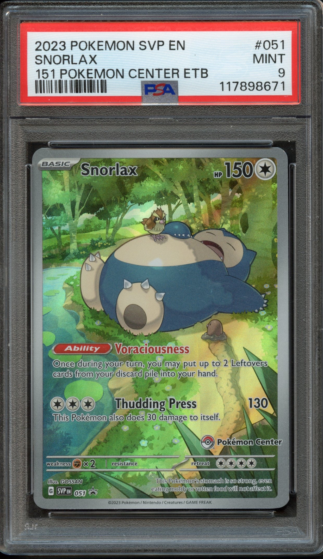 PSA 9 Snorlax S&V; Promo #51 Pokemon Center Stamped: This card has been graded and authenticated by PSA, achieving a Mint 10.