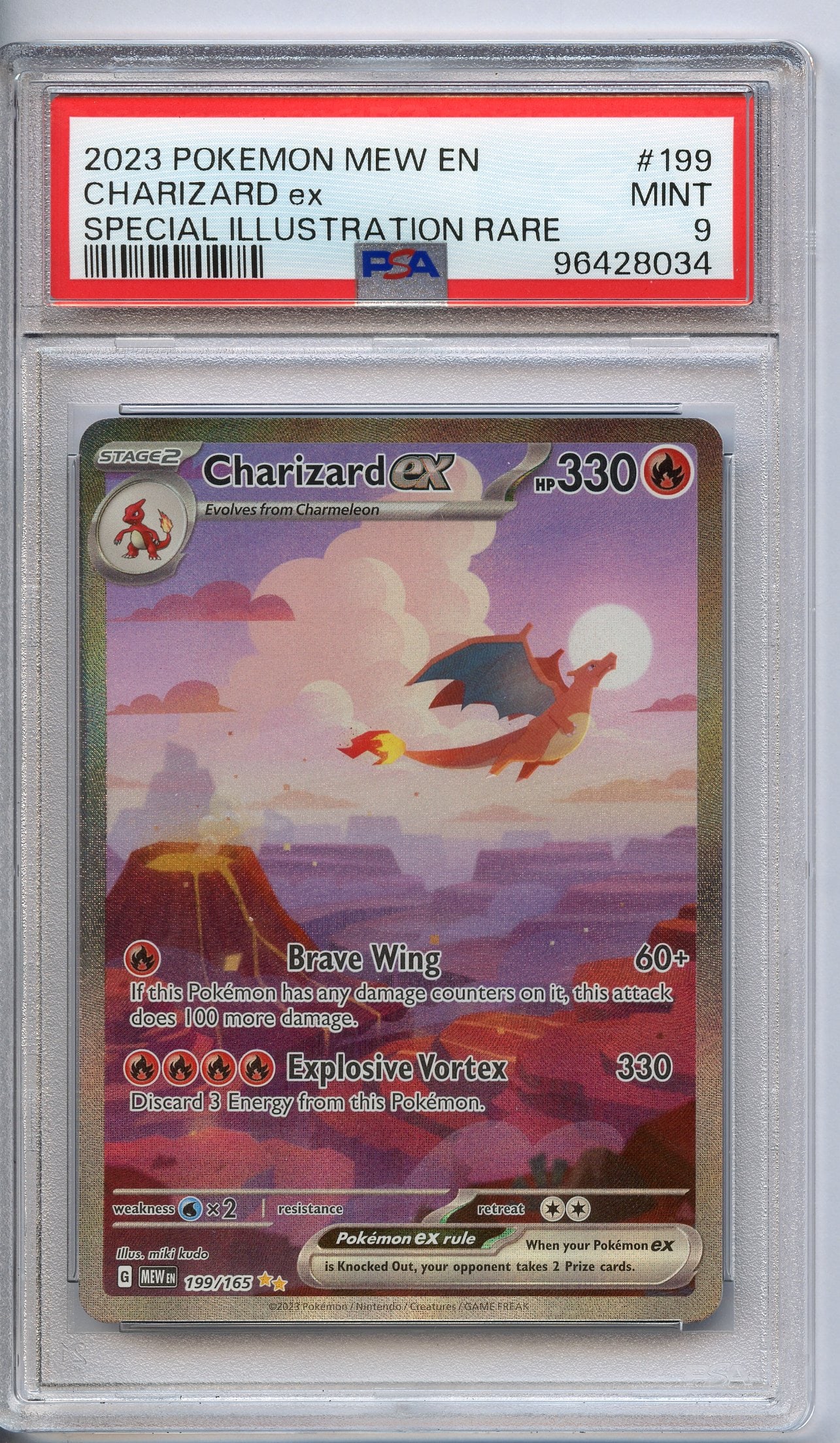 PSA 9 Charizard Special Illustration Rare #199 - S&V; 151 2023: A Charizard Special Illustration Rare #199 from S&V; 151, graded a MINT 9 by PSA.