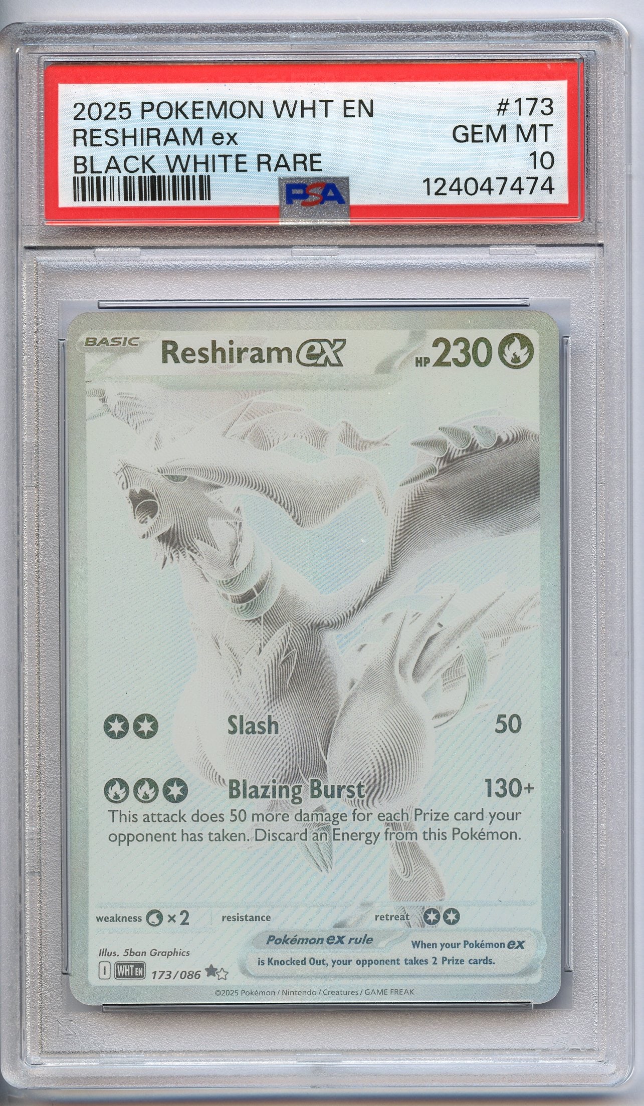PSA 10 Reshiram ex #173 - White Flare 2025: A Reshiram ex #173 from White Flare, graded a GEM MT 10 by PSA.