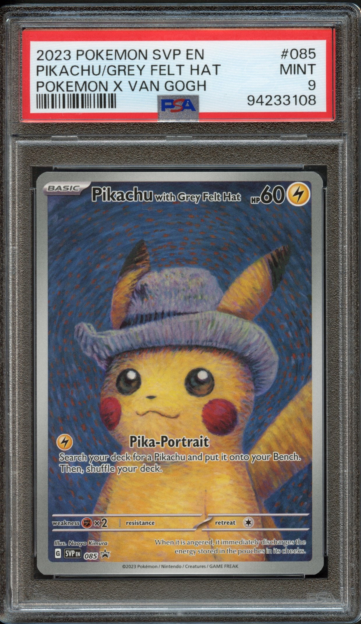 PSA 9 Pikachu with Grey Felt Hat #85 S&V; Van Gogh (2023): This card has been graded and authenticated by PSA, achieving a Mint 9.