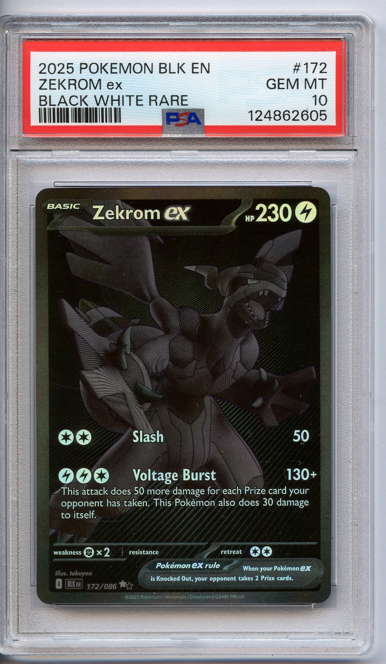 PSA 10 Zekrom ex #172 - Black Bolt 2025: A Zekrom ex #172 from Black Bolt, graded a GEM MT 10 by PSA.