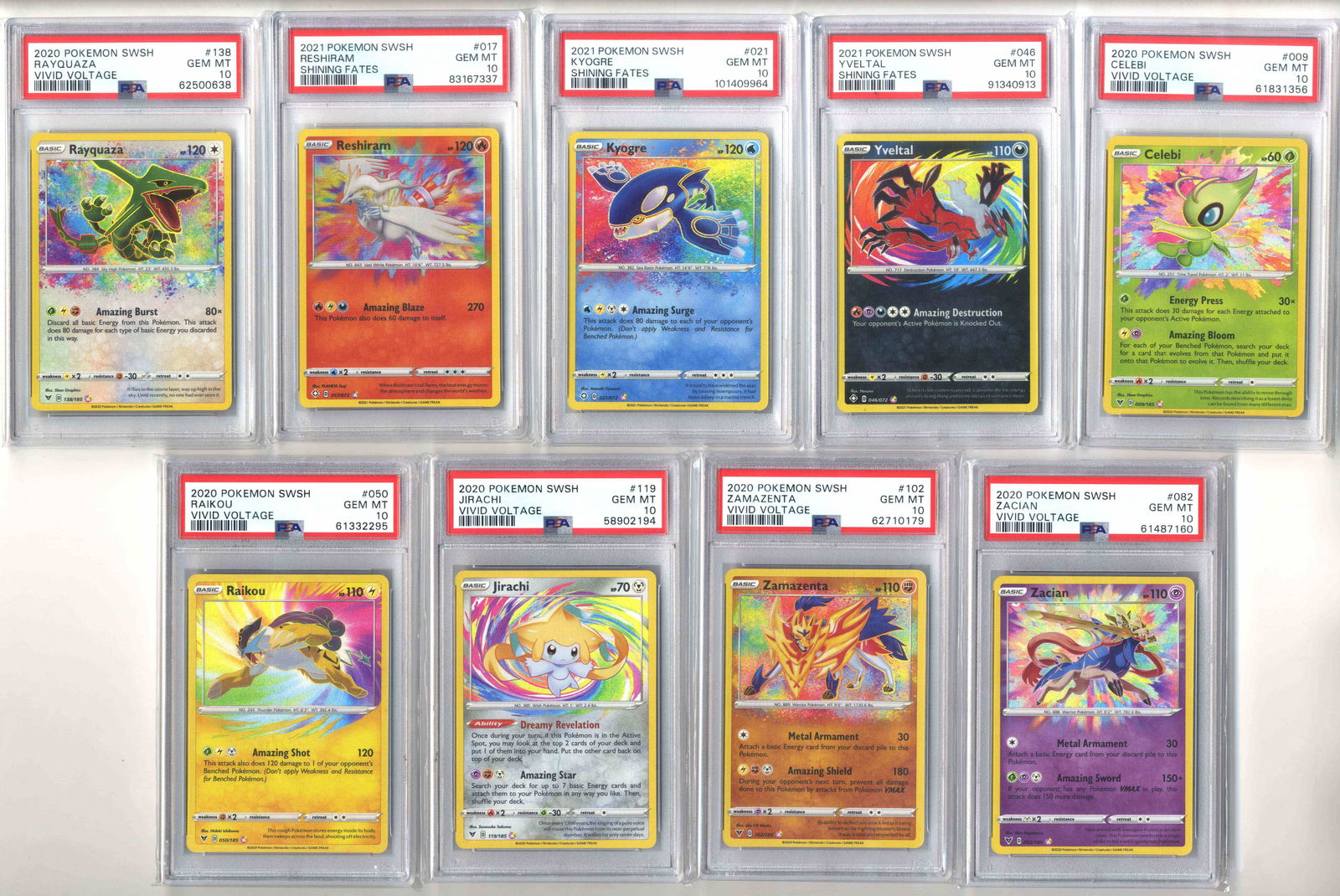PSA 10 Amazing Rares Complete Set: This incredible lot features all 9 of the Amazing Rares from Vivid Voltage, all in stunning PSA 10 GEM MT slabs.Celebi #009, Rayquaza, #138, Jirachi #119, Zamazenta #102, Zacian #082, Raikou #050, Res