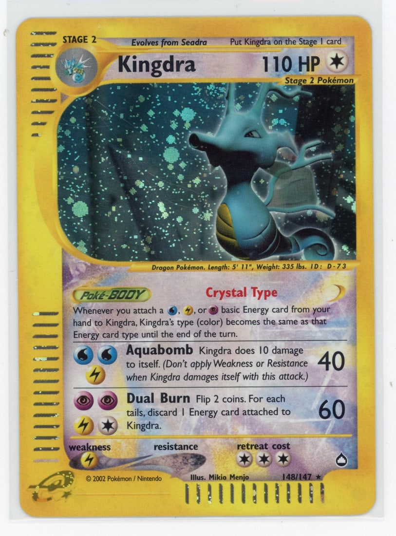 ‘Crystal’ Kingdra #148 Aquapolis (VLP): What do you get: A Crystal Kingdra from the penultimate WOTC era, Aquapolis.Condition Breakdown: The card is in Very Light Play Condition. The card has some faint scratches on the artwork but other th