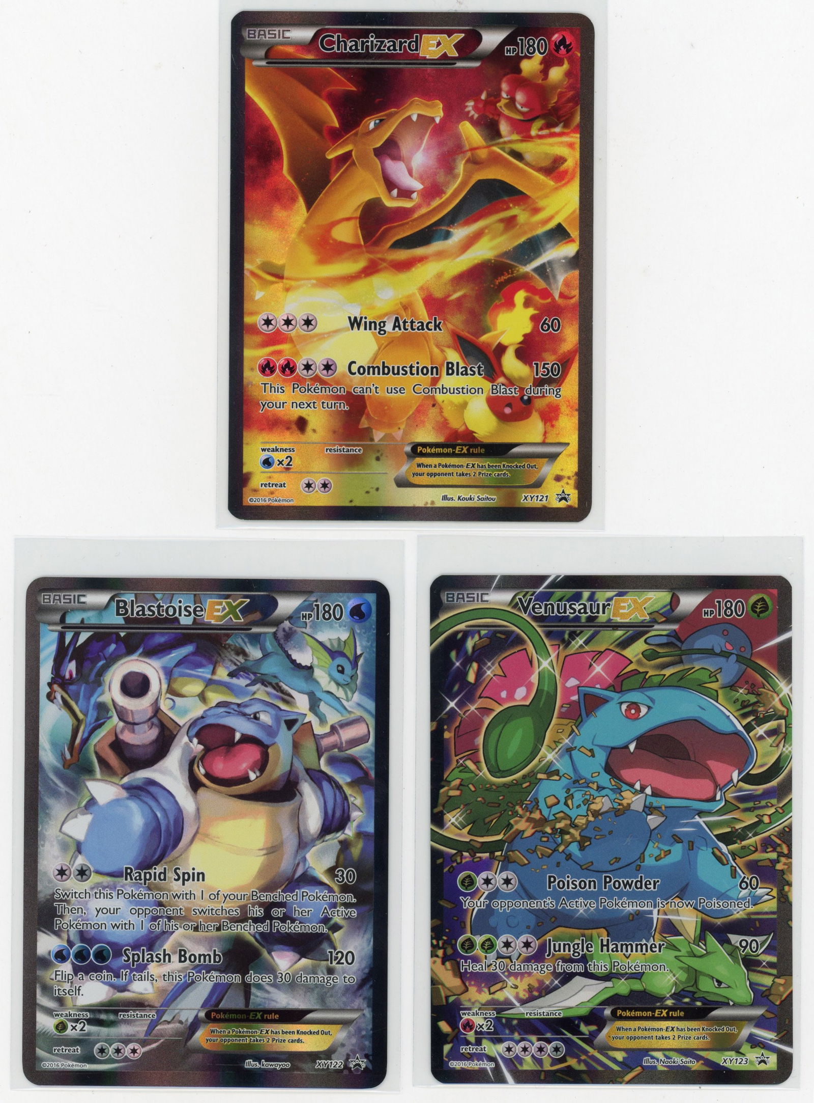 Venusaur EX, Blastoise EX, Charizard EX Black Star Promos - XY: This lot contains three stunning promos from XY: Venusaur EX (XY123). Blastoise EX (XY122) Charizard EX (XY121).The Venusaur EX is in Near Mint condition. The Blastoise EX is in Lightly Played conditi