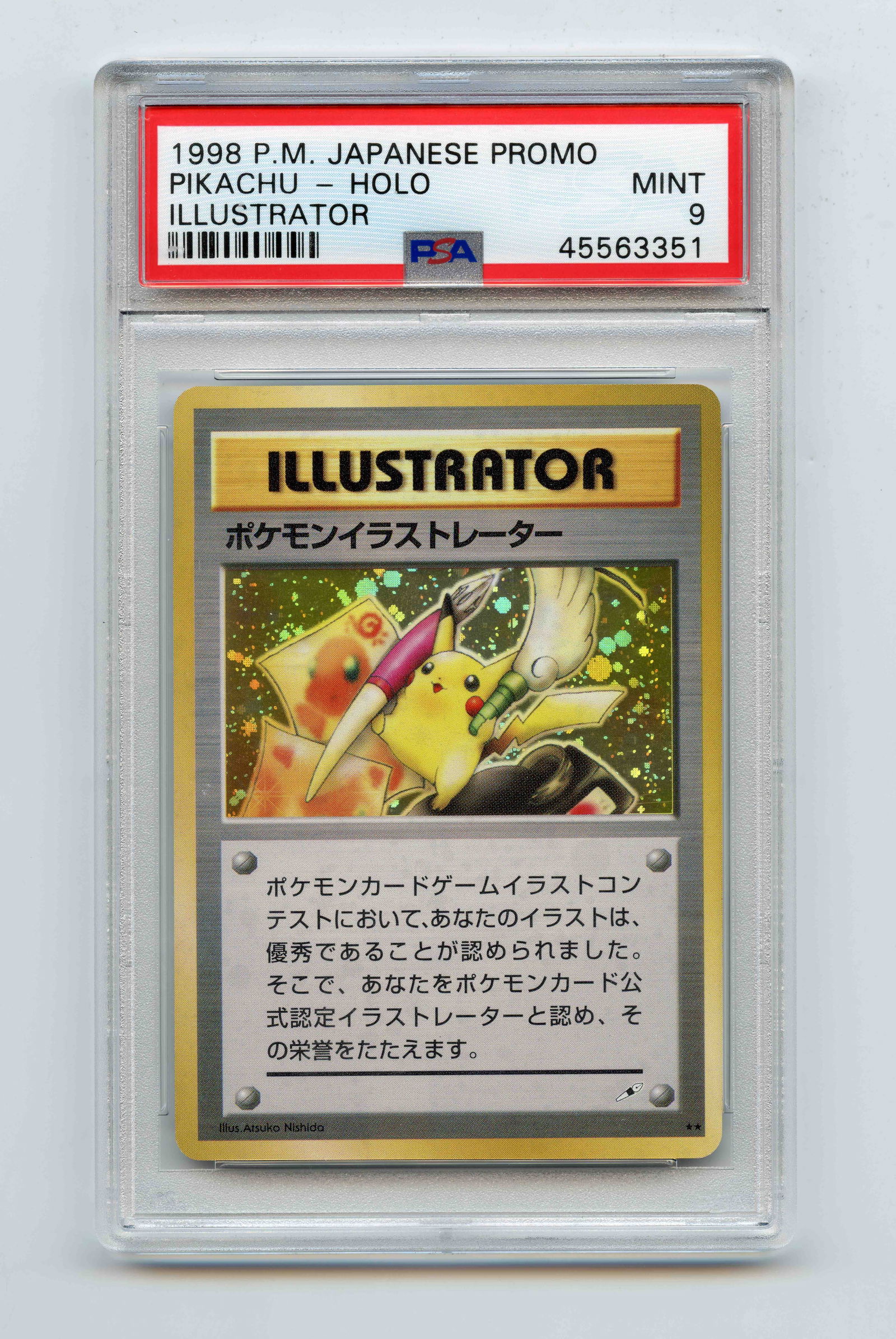 PSA 9 Pokemon "Pikachu" Illustrator - CoroCoro Comics Japanese Promo 1998.: SGB are honoured to offer the pinnacle of the Pokemon trading card game, the Pikachu Illustrator graded and authenticated by PSA and awarded a Mint 9.Few items transcend a hobby quite like the Pikachu