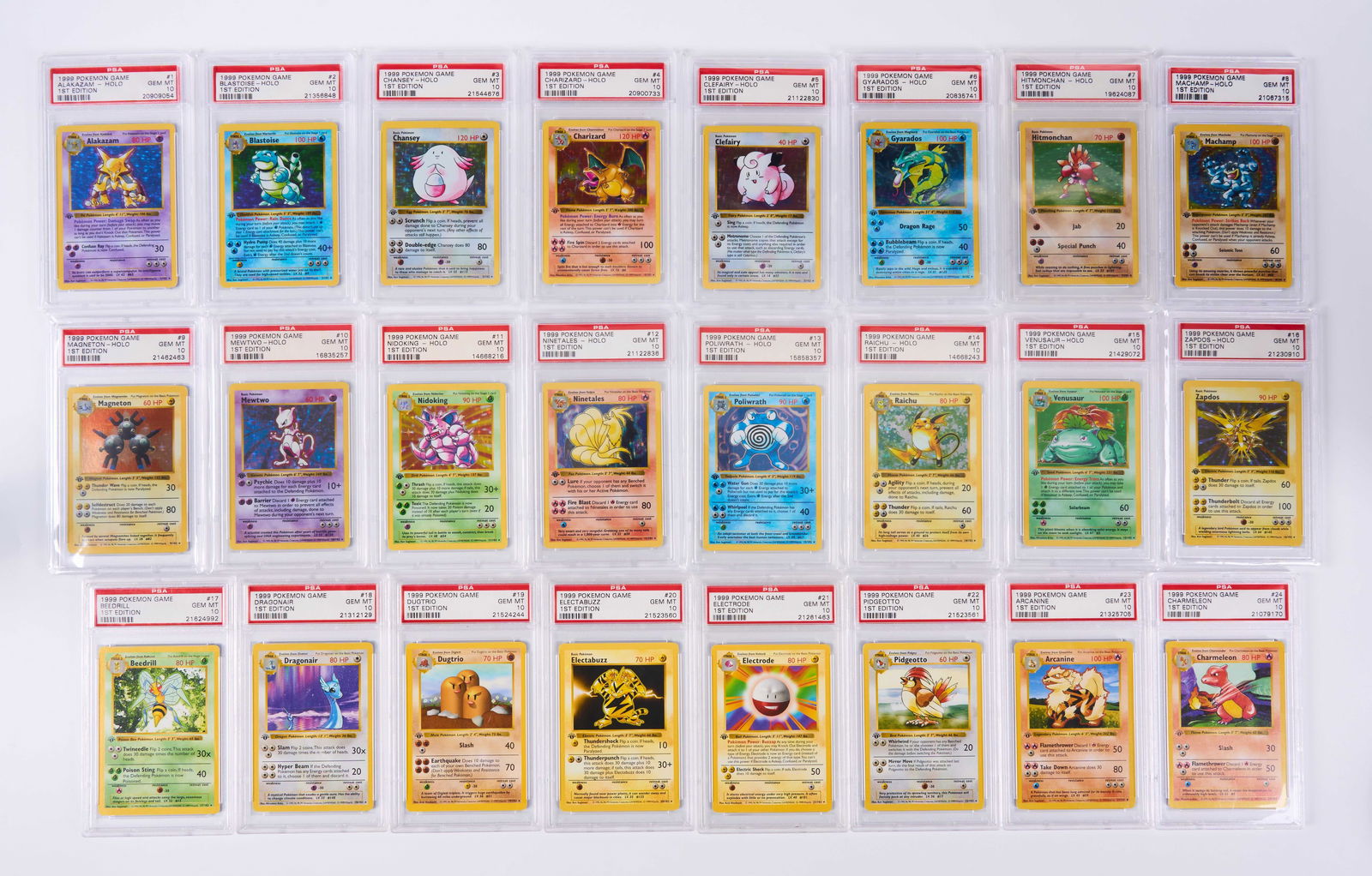 PSA 10 Complete 1st Edition Base Set - 1999: This lot features an entire 102 card 1st Edition Base Set with every card graded and authenticated by PSA and EVERY card has been awarded a Gem Mint 10.This includes every holo, including the coveted
