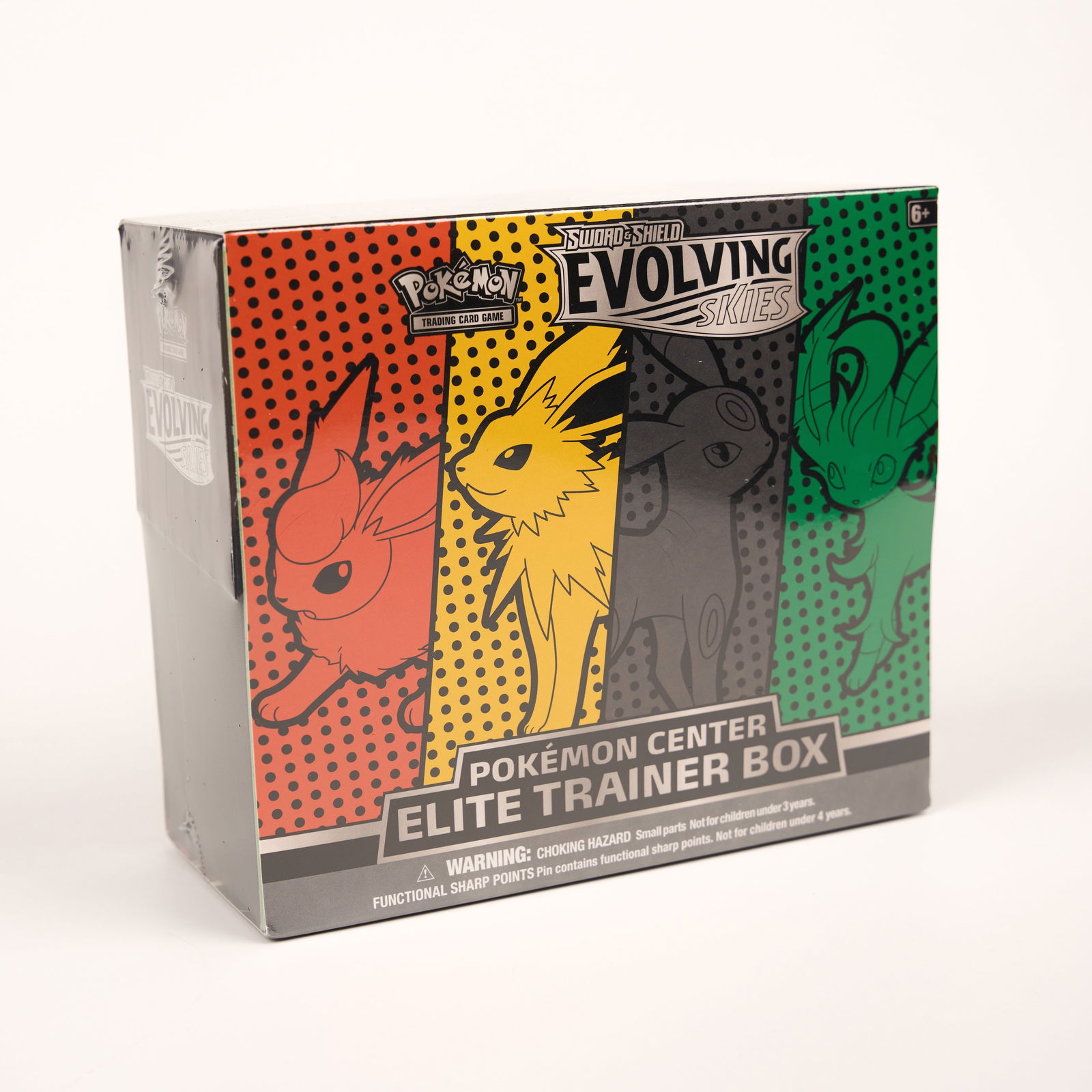 Evolving Skies Pokemon Center Elite Trainer Box Sealed: This Evolving Skies ETB is an exclusive Pokemon Center version, meaning it contains an additional two boosters, collectable pin, and alternative sleeves. This was from a later print run of Evolving Sk