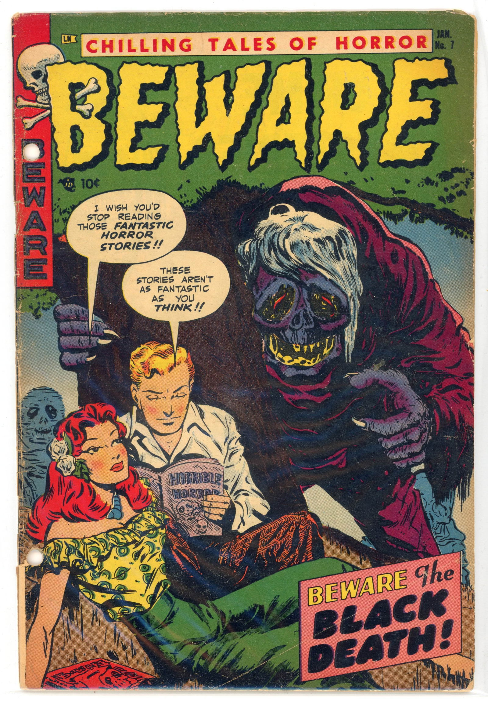 Beware #7 (Trojan Magazines, 1953): Beware Chilling Tales of Horror #7 (Trojan Magazines, 1953). Pre-code horror comic.Cover and interior art by Howard Rosenberger. Interior art by Mel Kiefer and Jack Sparling.Condition is FR/G. Holes p