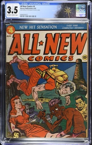 All New Comics #4 (Harvey Publications, 1943) CGC 3.5 - Hitler appearance: All New Comics #4 (Family Comics, 1943). CGC 3.5. Contains Hitler appearance.Bondage cover by Al Avison.Interior art by Sam Glanzman and Bob Powell.Verify CGC Certification: https://www.cgccomics.com/