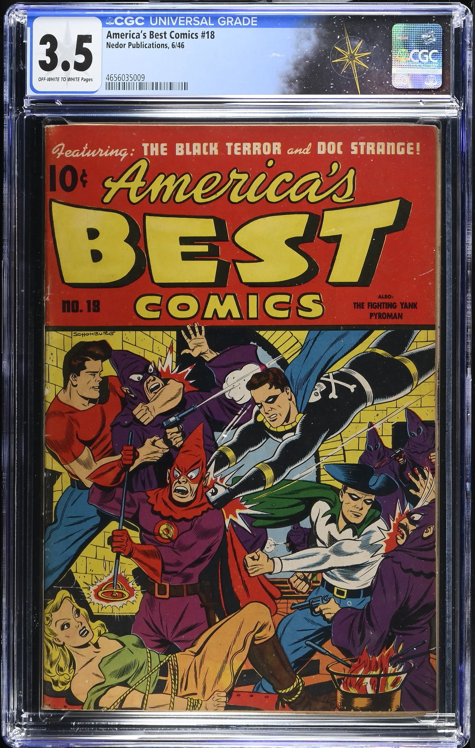Americas Best Comics #18 (Nedor Publications, 1946) CGC 3.5 - Bondage torture cover: America's Best Comics #18 (Nedor Publications, 1946). CGC 3.5.Bondage cover by Alex Schomburg. Interior art by Ken Battefield and Ed Moritz.Verify CGC Certification: https://www.cgccomics.com/certlook