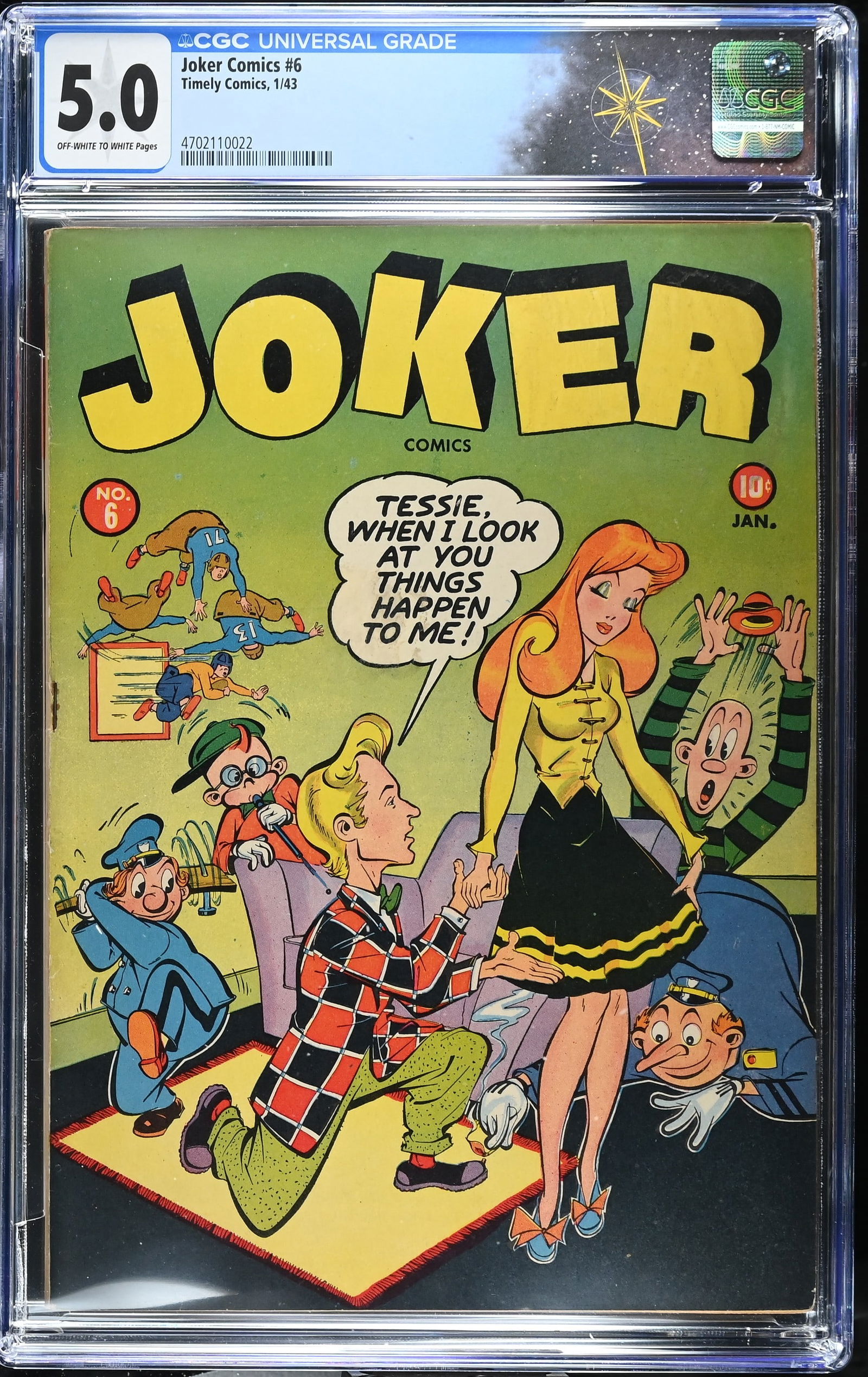 Joker Comics #6 (Timely Comics, 1943) CGC 5.0: Joker Comics #6 (Timely Comics, 1943). CGC 5.0.Artwork by Basil Wolverton.Verify CGC Certification: https://www.cgccomics.com/certlookup/4702110022/Grader notesPage quality: off-white to white, stain