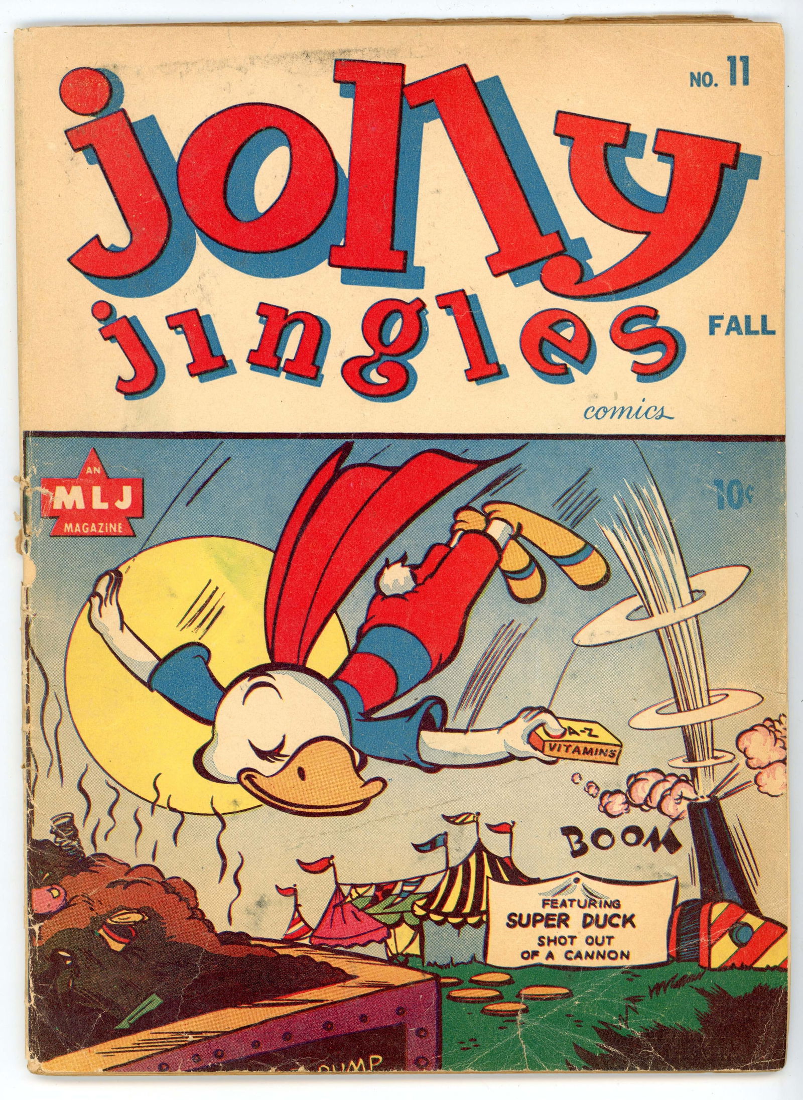 Jolly Jingles #11 (Archie, 1943) Second appearance of Super Duck. : Jolly Jingles #11 (Archie, 1943). Second appearance of Super Duck.Condition is G. The cover is just about hanging o