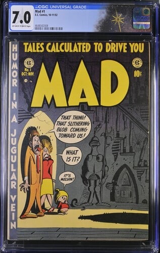 Mad #1 (EC, 1952) CGC 7.0 - First satire comic: Mad #1 (EC, 1952) CGC 7.0 - First satirical comic. Including classic spoofs of multiple comic book genres "Blobs!"), horror ("Hoohah!"), crime ("Ganefs!") and westerns ("Varmint!").Cover art by Harvey