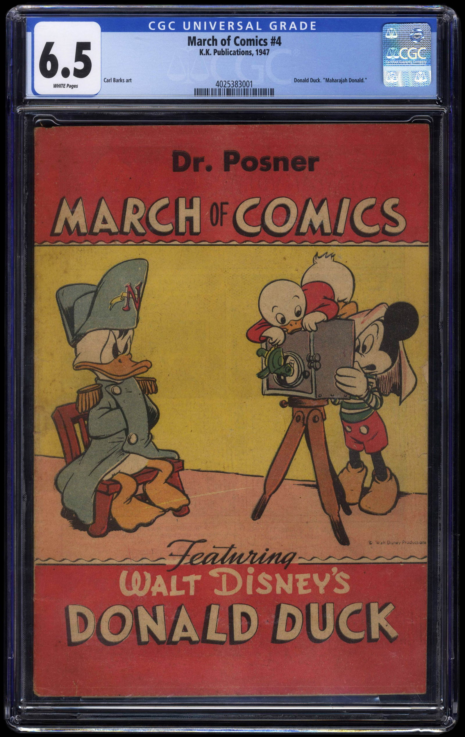 March Of Comics #4 (K K Publications, 1947) CGC 6.5 Donald Duck as Napoleon on cover: March Of Comics #4 (K K Publications, 1947). CGC 6.5. Donald Duck as Napoleon on cover. Art by Walt Kelly and Carl Barks. Story by Carl Barks. Verify CGC Certification: https://www.cgccomics.com/certl