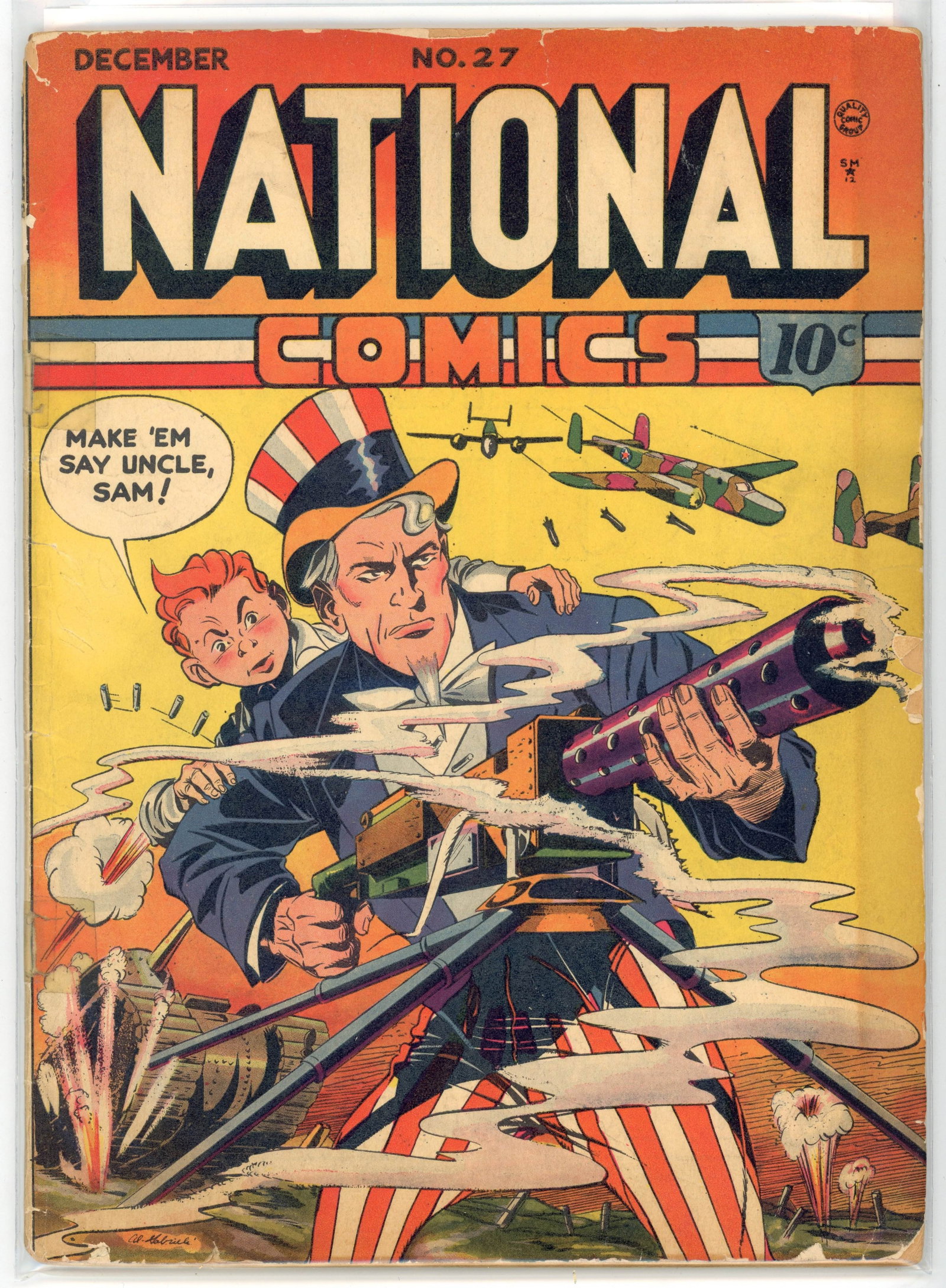 National Comics #27 (Quality Comics, 1942) Uncle Sam cover: National Comics #27 (Quality Comics, 1942). Uncle Sam cover. First appearance of G-2 the Unknown. Cover art by Al Gabriele. Story by Otto Binder.Condition is GD. Cover detached at staples and held on