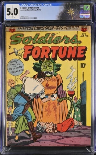 Soldiers of Fortune #6 (ACG 1952) CGC 5.0 - Bondage Cover: Soldiers of Fortune #6 (ACG 1952) CGC 5.0 - Bondage Cover.Cover art by Ogden Whitney.Verify CGC Certification: https://www.cgccomics.com/certlookup/4656035016/Grader notesPage quality: off-white, tann