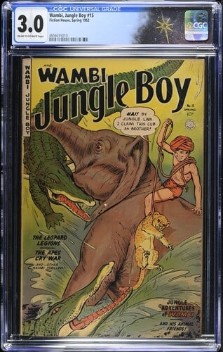 Wambi Jungle Boy #15 (Fiction House 1952) CGC 3.0: Wambi Jungle Boy #15 (Fiction House 1952). CGC 3.0.Cover art by Maurice Whitman.Interior art by Maurice Whitman and Henry Kiefer. Story by Roy L. Smith.Verify CGC Certification: https://www.cgccomics.