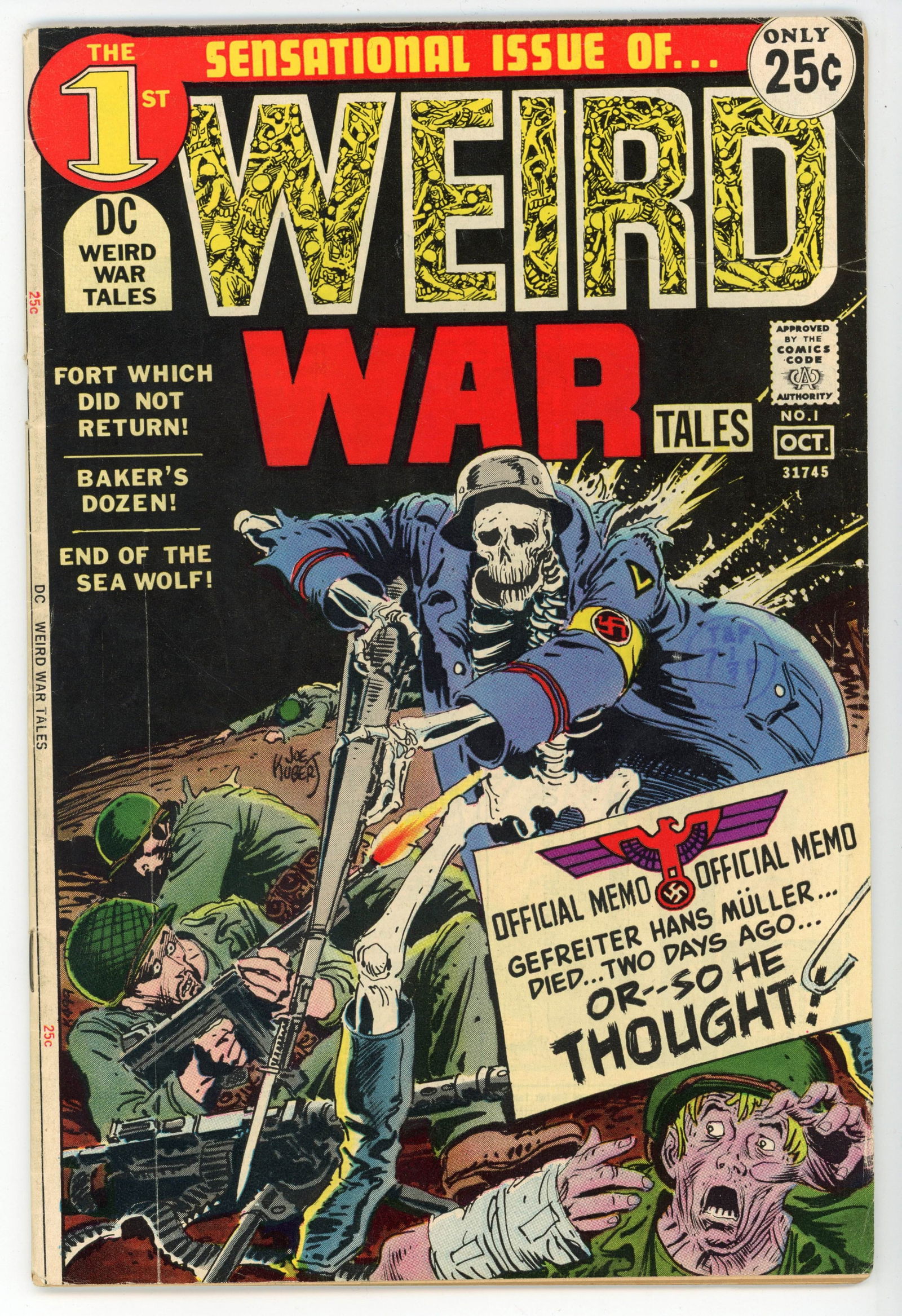 Weird War Tales #1 (DC Comics, 1971): Weird War Tales #1 (DC Comics, 1971).Cover art by Joe Kubert. Interior art by Kubert, Russ Heath, Irv Novick and Ben Oda. Story by France Herron, Robert Kanigher, Bob Haney and Kubert.Condition is VG