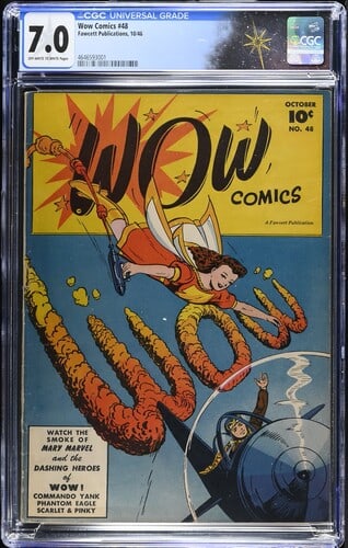 WOW Comics #48 (Fawcett Publications, 1946) CGC 7.0: WOW Comics #48 (Fawcett Publications, 1946) CGC 7.0. Commando Yank appearance. Cover by Jack Binder. Interior art by Marc Swayze, Binder and Harry Fisk. Story by Otto Binder.Verify CGC Certification: