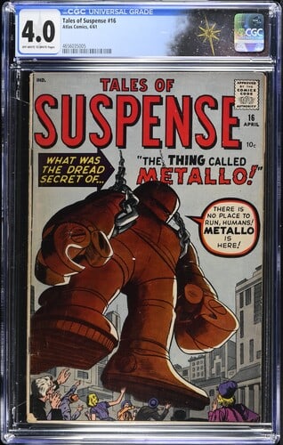 Tales Of Suspense #16 (Atlas Comics 1961) CGC 4.0: Tales Of Suspense #16 (Atlas Comics 1961). CGC 4.0. First appearance of Metallo, Mike Fallon. Cover art by Jack Kirby and Dick Ayers. Interior art by Don Heck and Paul Reinman. Verify CGC Certificatio