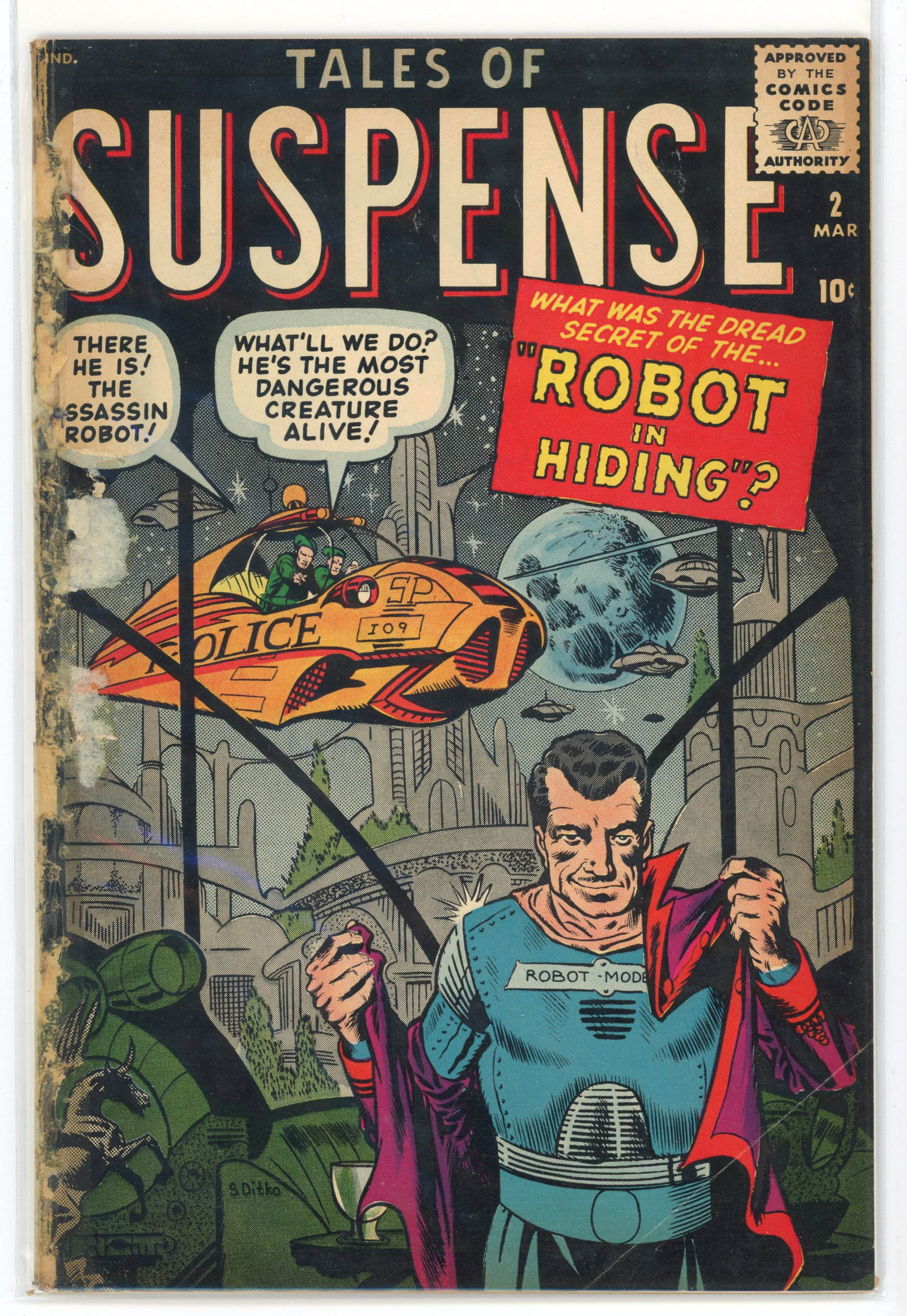 Tales Of Suspense #2 (Marvel Comics, 1959): Tales Of Suspense #2 (Marvel Comics, 1959). 'Invasion from Outer Space'.Cover art by Steve Ditko. Interior art by Ditko, Jack Kirby, Joe Maneely, Carl Burgos and Russ Heath. Condition is FA. Tape and