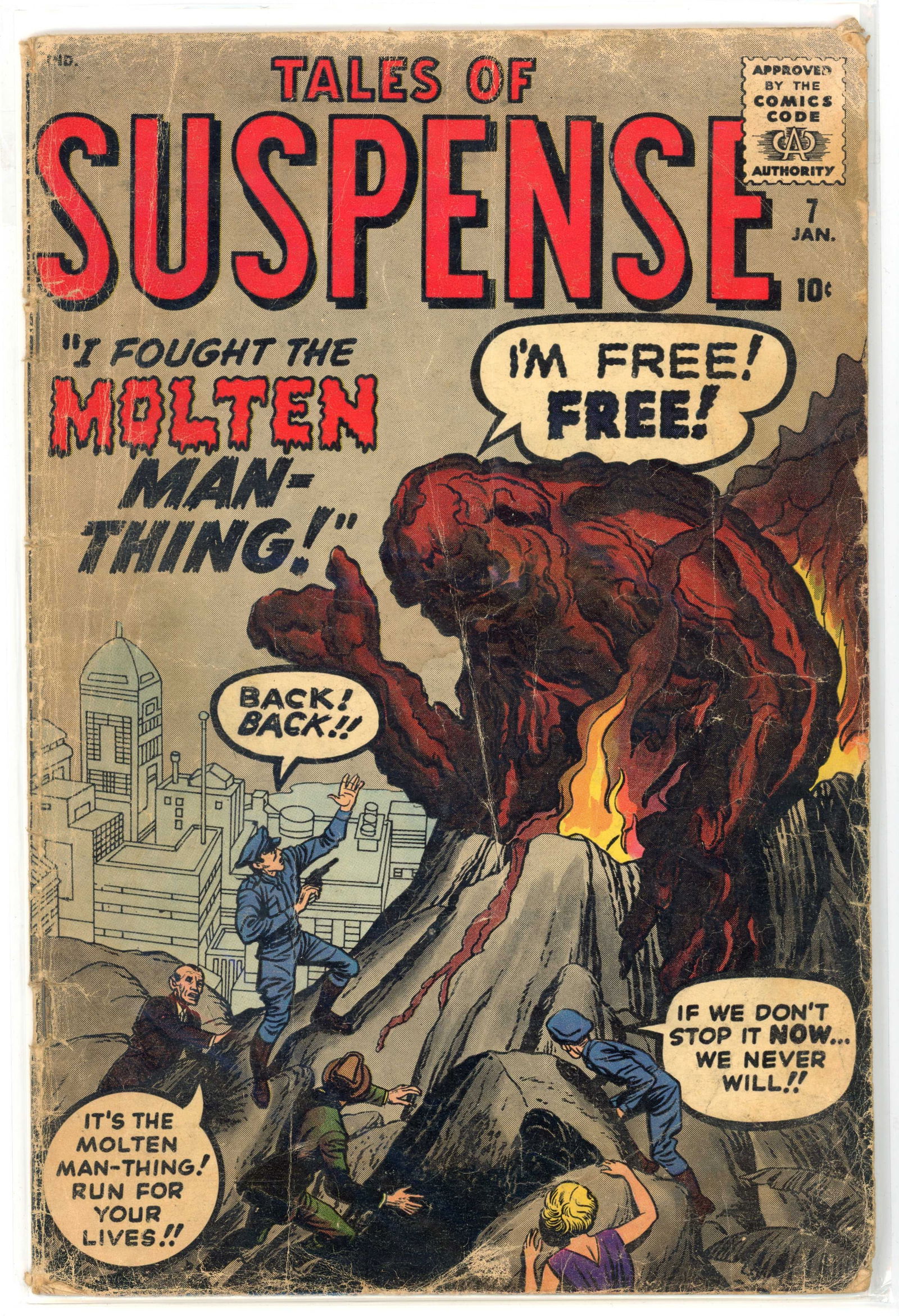 Tales Of Suspense #7 (Marvel Comics, 1960) First appearance of Molten Man-Thing: Tales Of Suspense #7 (Marvel Comics, 1960). First appearance of Molten Man-Thing, a monster that emerged from a volcano. This issue features prototypes of Lava Mana and Aunt May in one panel. Cover ar