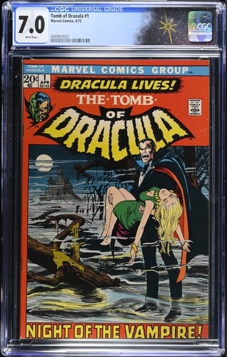 Tomb Of Dracula #1 (Marvel Comics 1972) CGC 7.0 - First appearance of Dracula: Tomb Of Dracula #1 (Marvel Comics 1972) CGC 7.0. First appearance of Dracula, Frank Drake and Clifton Graves. Cover art by Neal Adams. Interiot art by Gene Colan. Story by Gerry Conway.Verify CGC Cert