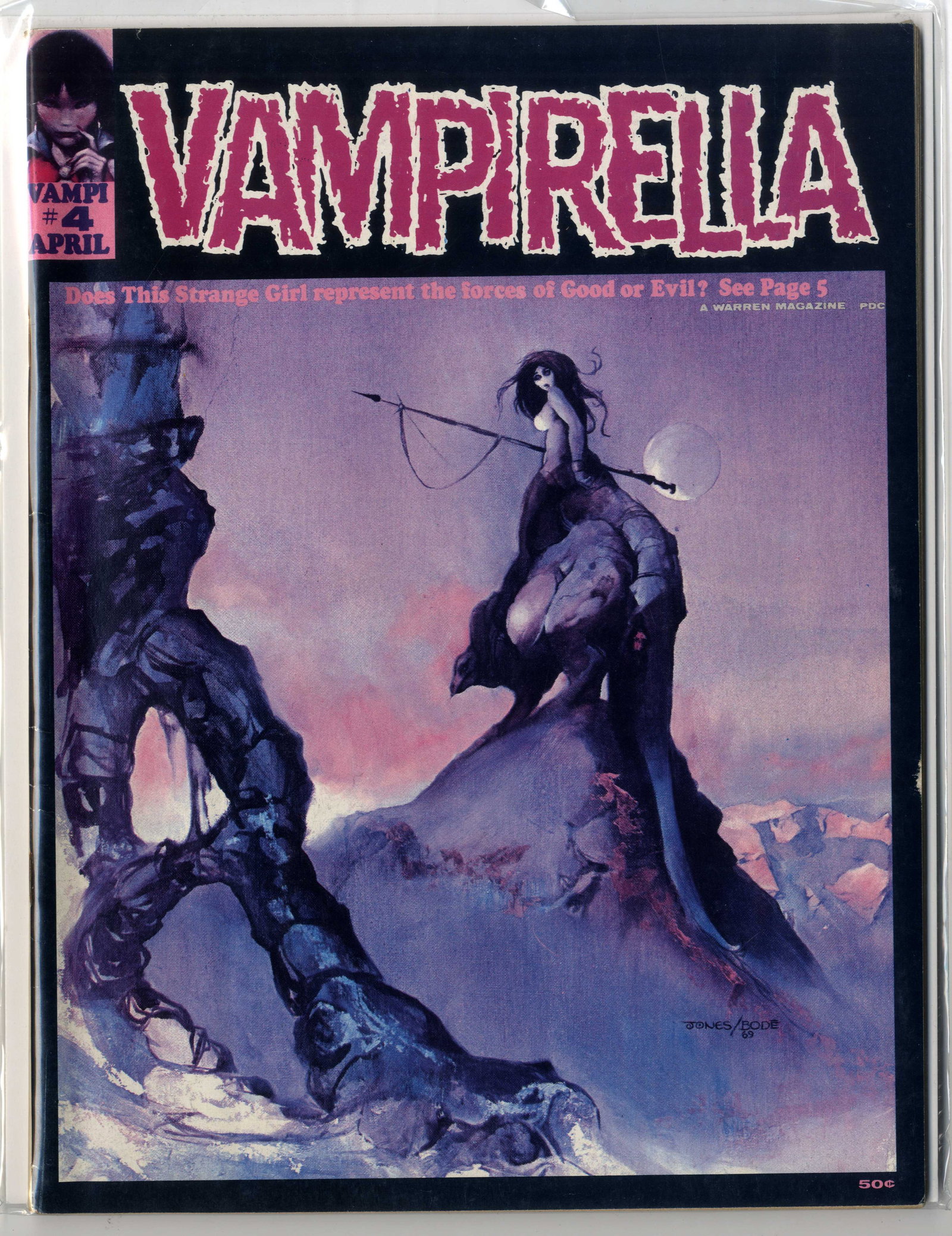 Vampirella #4 (Warren, 1970): Vampirella #4 (Warren, 1970).Cover art by Jeff Jones and Vaughn Bode. Interior art by Tom Sutton, Jack Sparling, Ernie Coln. Condition is VG/FN. Spine roll and colour breaki