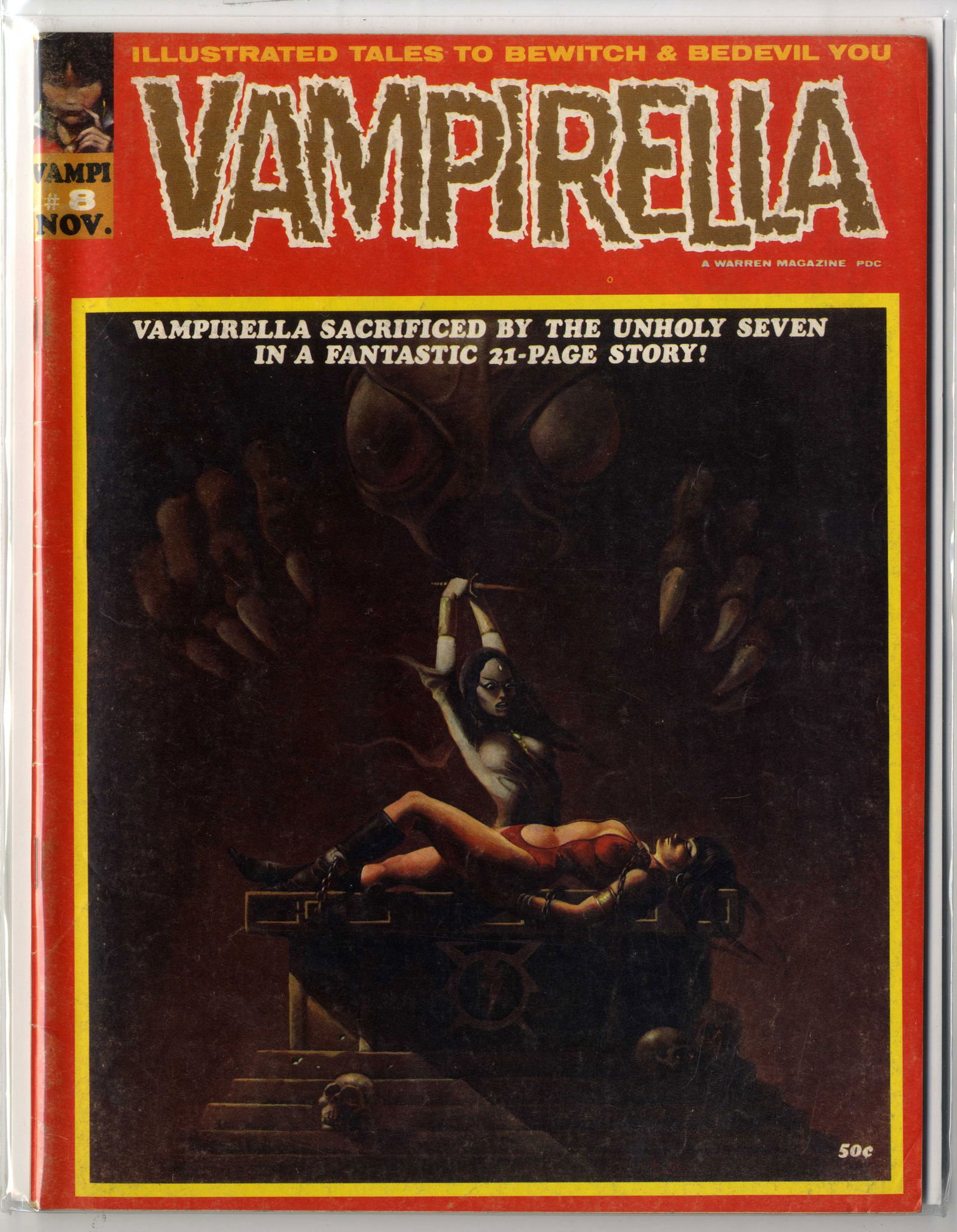 Vampirella #8 (Warren, 1970) First appearance of Adam Van Helsing: Vampirella #8 (Warren, 1970). First appearance of Adam Van Helsing, The Cult of Chaos and Conrad.First time Vampirella appears as a serious character. First issue with Archie Goodwin as writer. Bondag