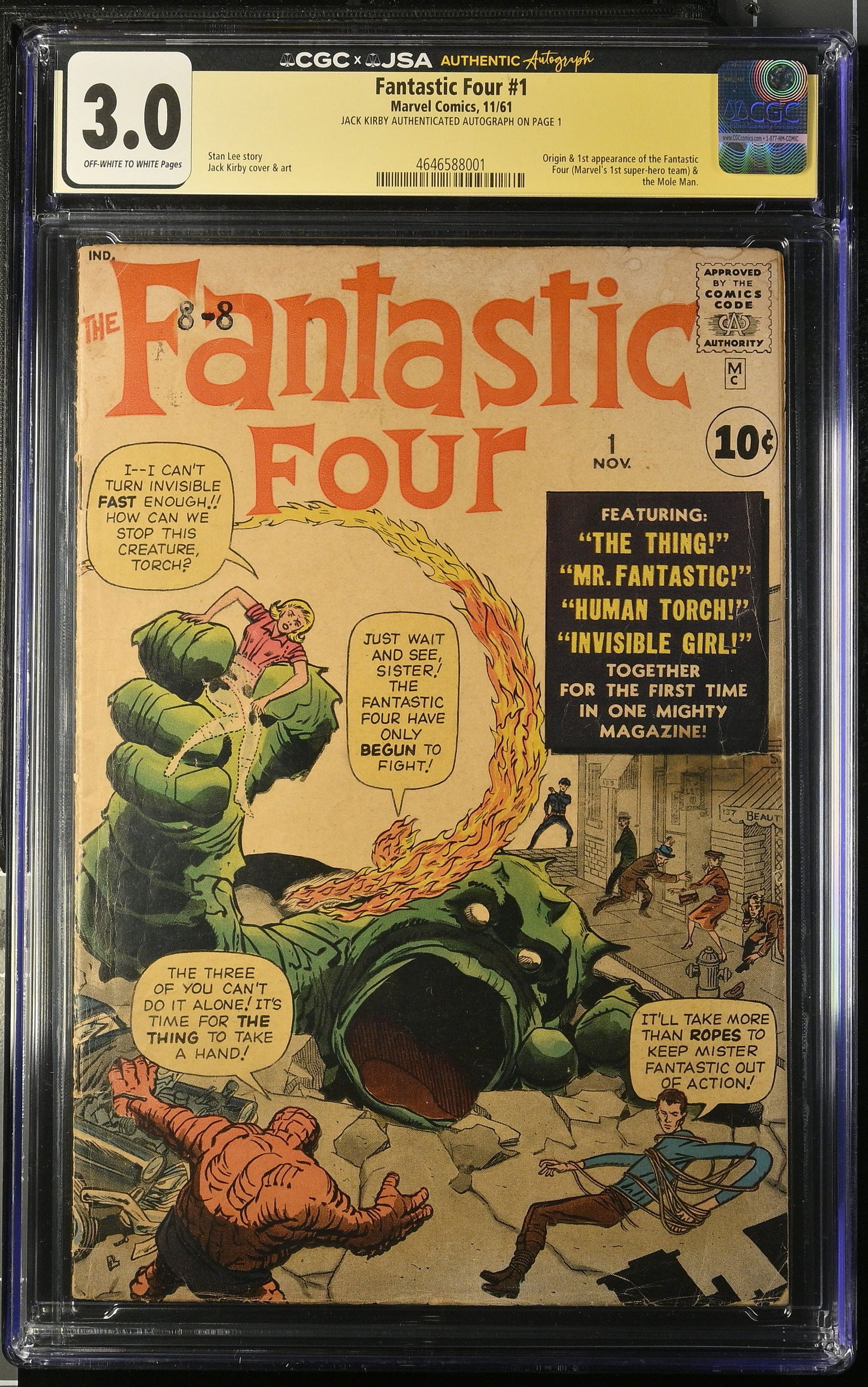 Fantastic Four #1 (Marvel Comics, 1961) CGC 3.0 Signed by Jack Kirby: Fantastic Four #1 (Marvel Comics, 1961). CGC Graded 3.0. First team appearance and origin of the Fantastic Four: Mr. Fantastic, Invisible Woman, Human Torch, The Thing. First appearance of Mole Man an