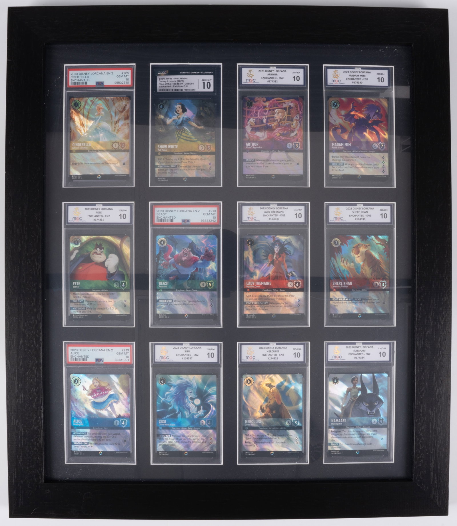 Disney Lorcana - Rise of the Floodborn ALL 12 Encanhted Rares ALL Grade 10: This lot features all of the 12 enchanted rares from the Rise of the Floodborn Disney Lorcana trading card set produced by Ravensburger.??Enchanted rares are the pinnacle of the hobby, with an estimat