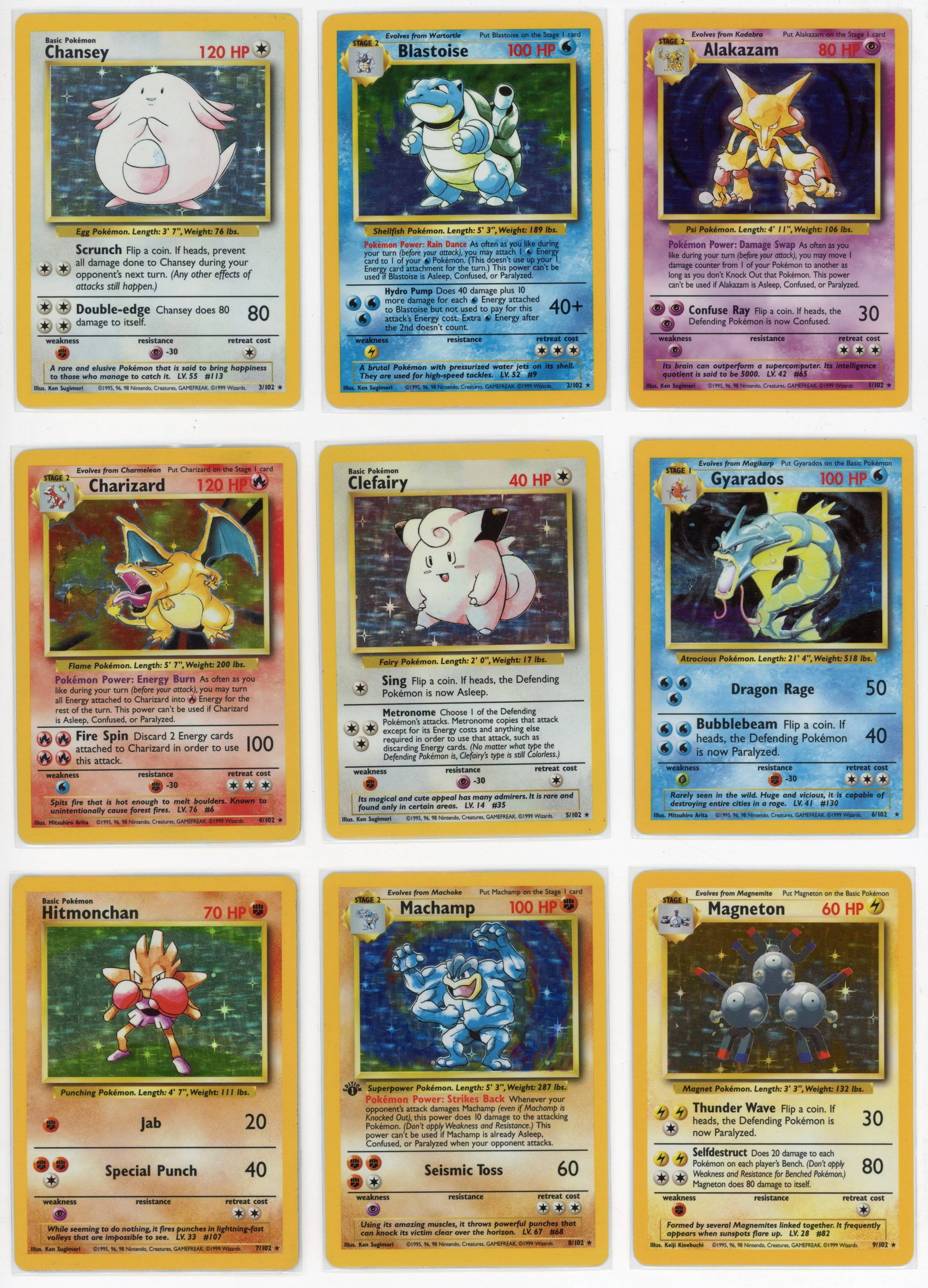 Complete Base Set (1999) 102/102: This complete Base Set features all 102 cards, with the majority of the set falling around the LP-NM condition range, with some exceptions for MP.The x16 holos and their respective conditions are as f
