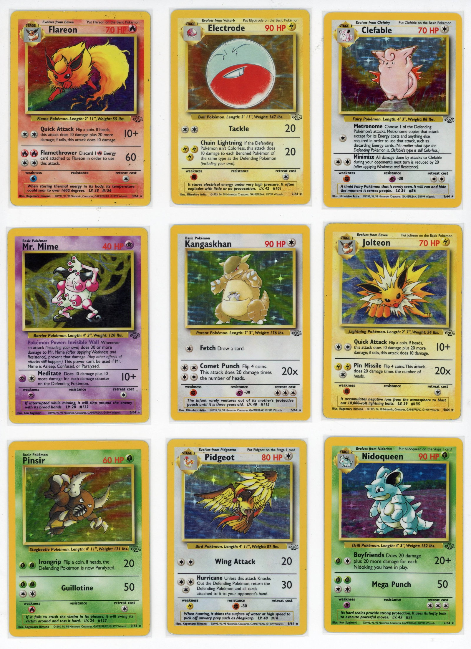 Complete Jungle Set (1999) 64/64 Unlimited: This Jungle set from 1999 includes every card from the expansion. The condition range is concentrated around the MP-LP mark, with some exceptions either side.The conditions of the x16 holos included a