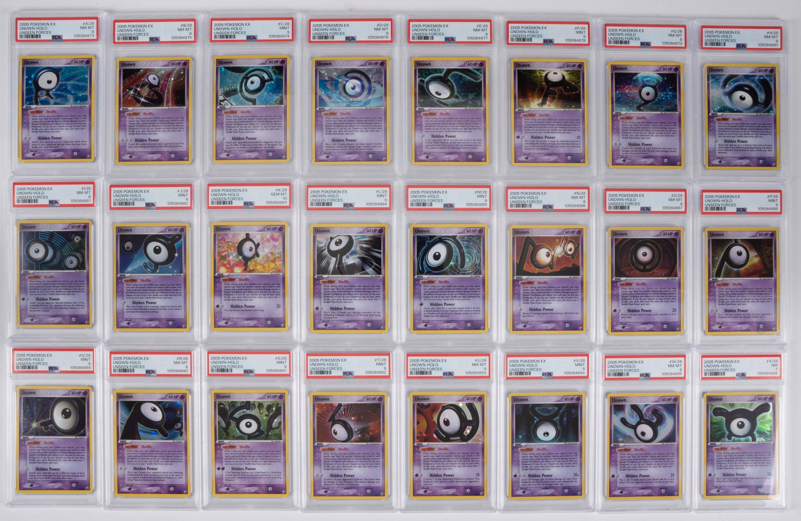 EX Unseen Forces Unown Complete PSA Graded Set (X28 CARDS): This lot features the complete 28 card Unown subset from the EX Unseen Forces expansion. This includes the full alphabet of Unown alongside the ??????? and ???!??? Unown forms. Each card has been grad