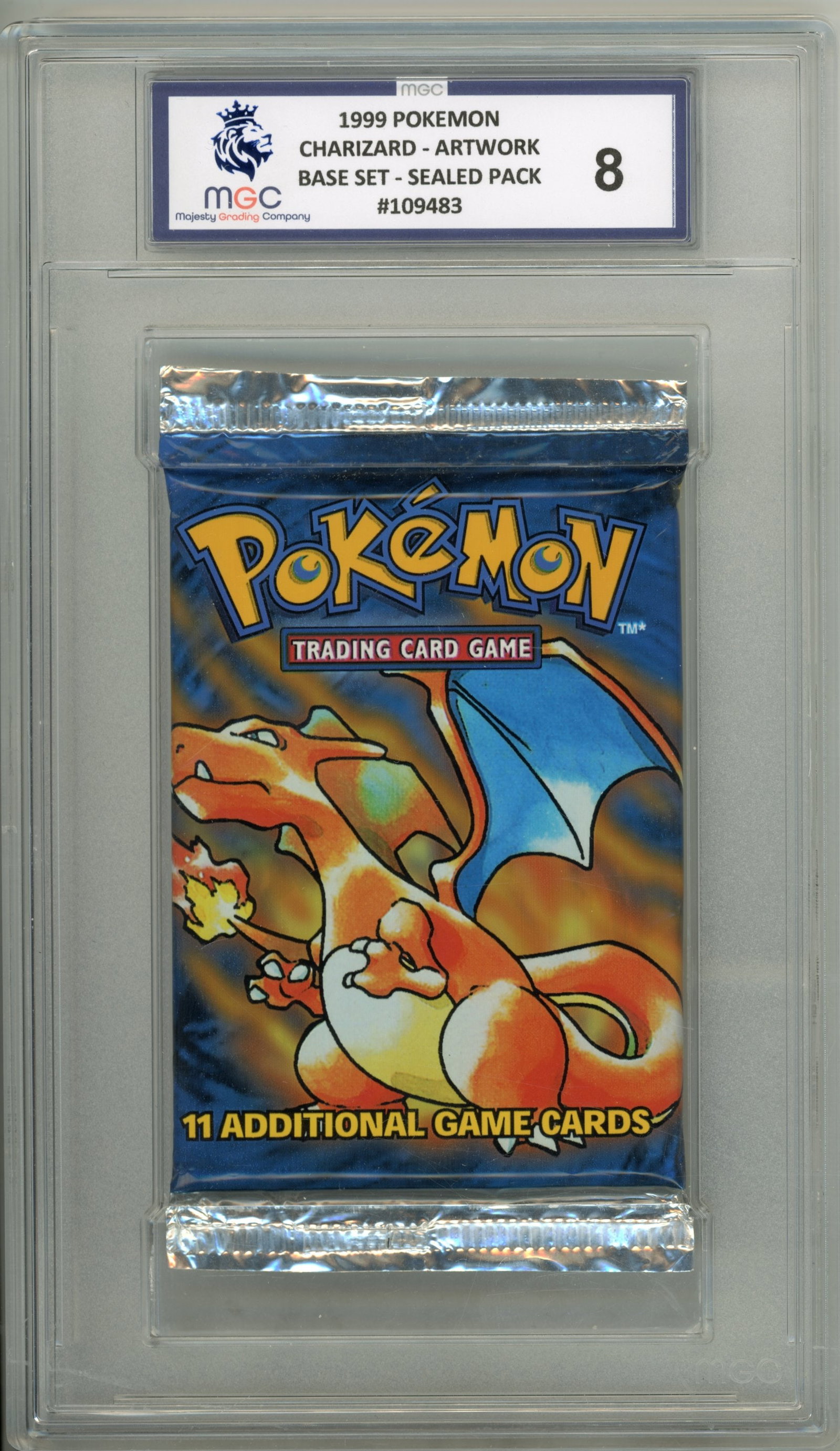 MGC 8 - Base Set Booster Pack - Charizard Art Work WOTC 1999: Graded and authenticated by MGC, one of the leading UK grading companies, this sealed unlimited Base Set booster pack features the iconic Charizard artwork. The sealed booster pack has been awarded a