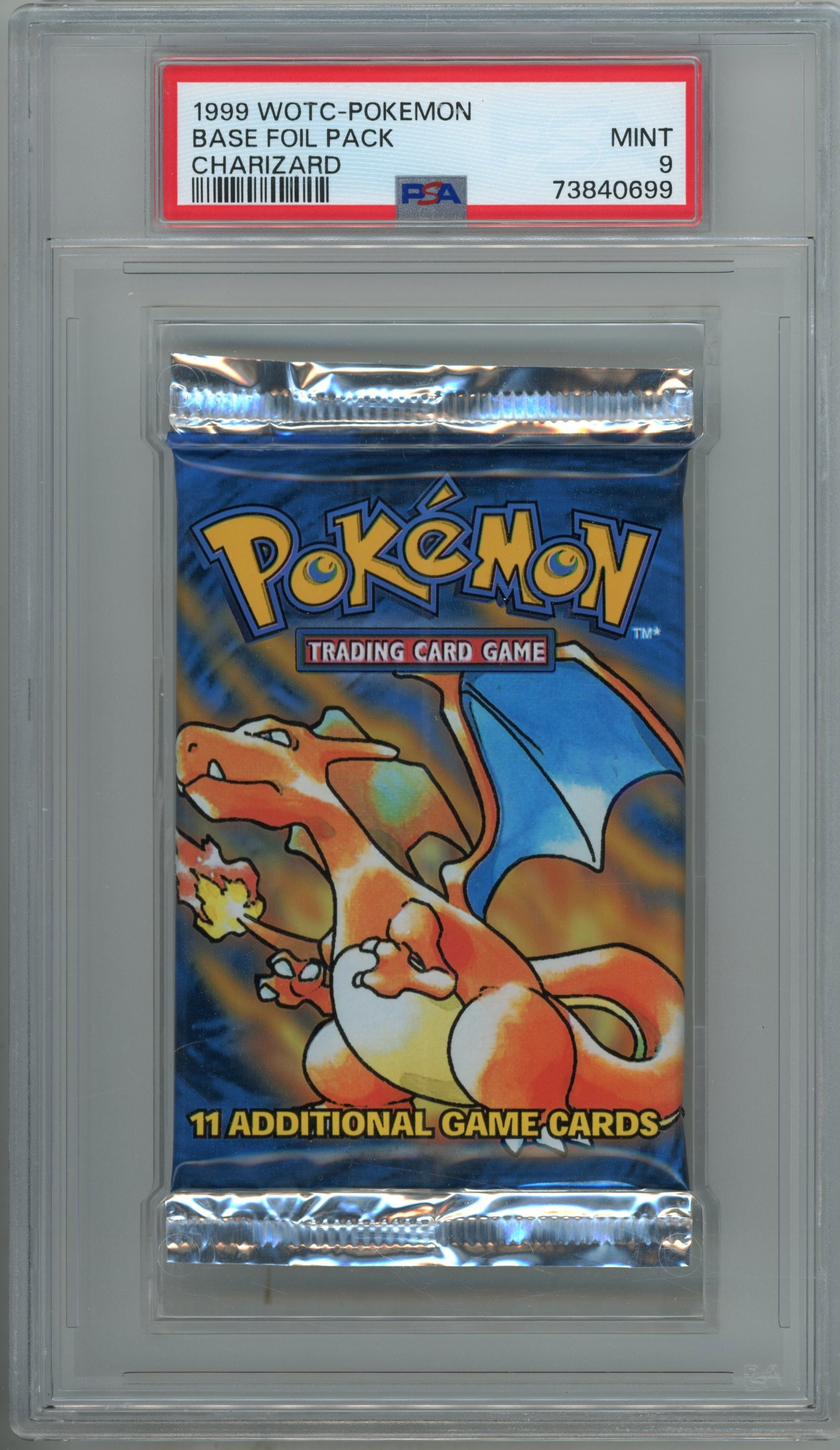 PSA 9 - Base Set Booster Pack - Charizard Art Work WOTC 1999: Graded and authenticated by PSA, this sealed unlimited booster pack features the iconic Charizard artwork. The sealed booster pack has been awarded a mint 9.