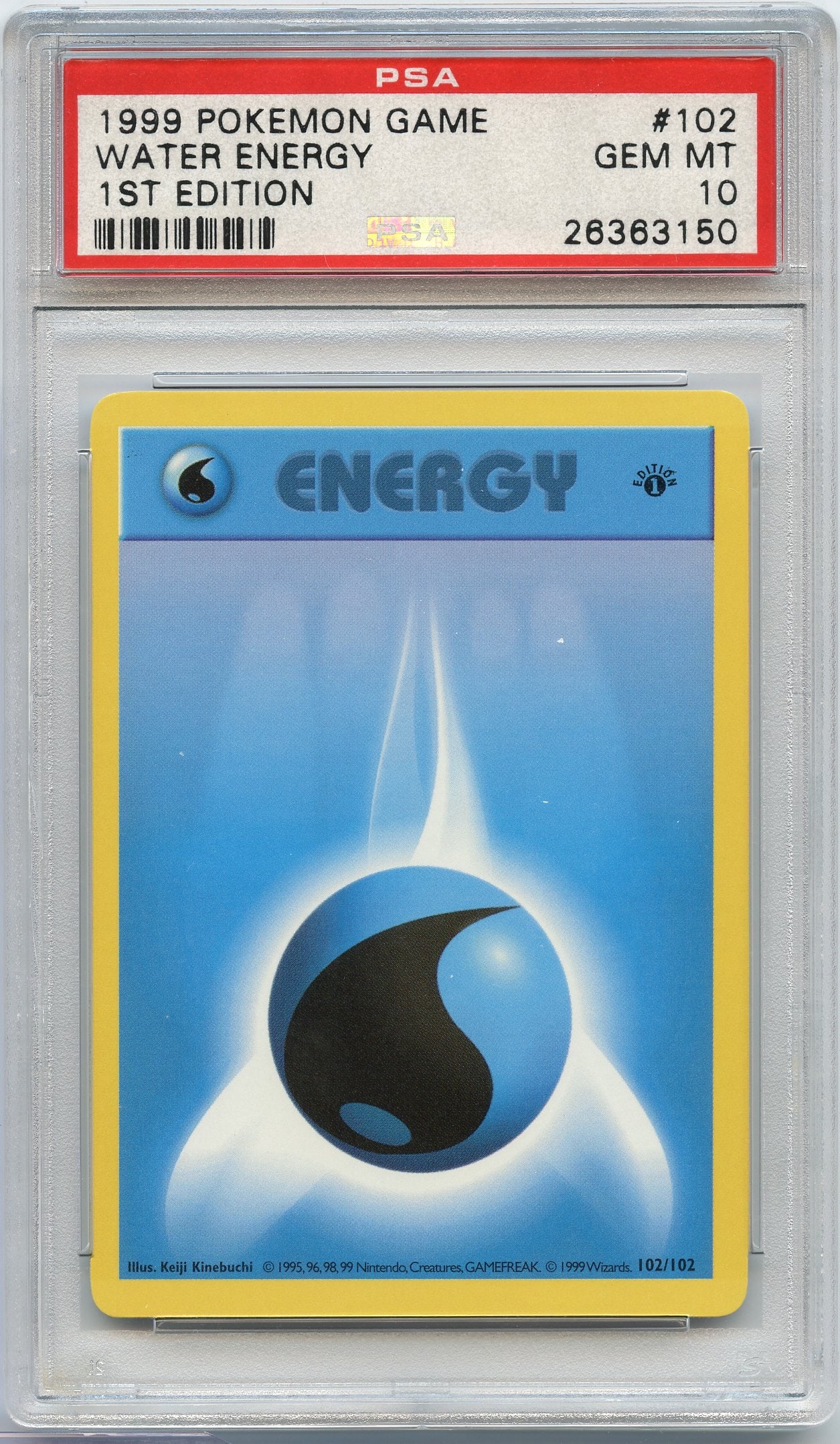 PSA 10 Water Energy #102 Base Set 1st Edition: Water Energy #102 from Base Set 1st Edition, graded GEM MT 10 by PSA.