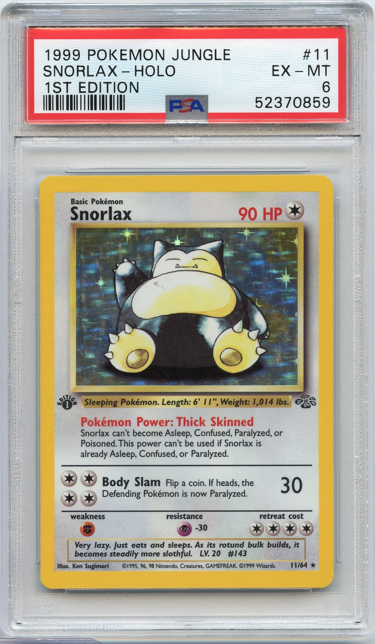 PSA 6 Snorlax #11 Holo Jungle 1st Edition: Snorlax #11 holo from Jungle 1st Edition, graded EX-MT 6 by PSA.