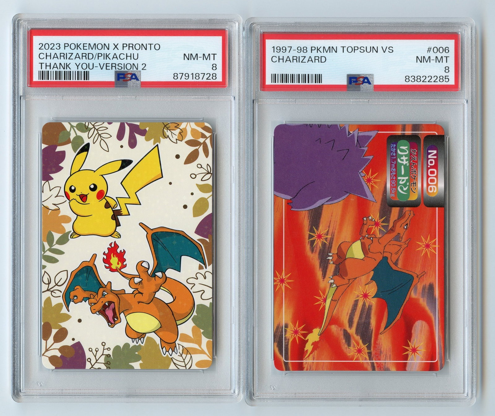 PSA Japanese Exclusive Topsun Gengar vs Charizard // X Pronto Charizard Pikachu Thank You: This lot features two extremely unique Japanese exclusive cards, perfect for collectors of oddities and regional exclusives. The two included cards are:PSA 8 Pikachu Charizard Version 2 Pokemon X Pron