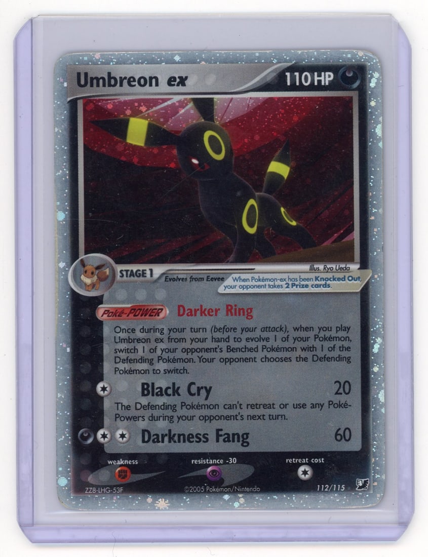 Umbreon ex #112 Unseen Forces (MP): Umbreon ex #112 from the Unseen Forces expansion in MP condition. The front surface of the card looks great, very light edge peel and rear surface scuffs and dirt are present.
