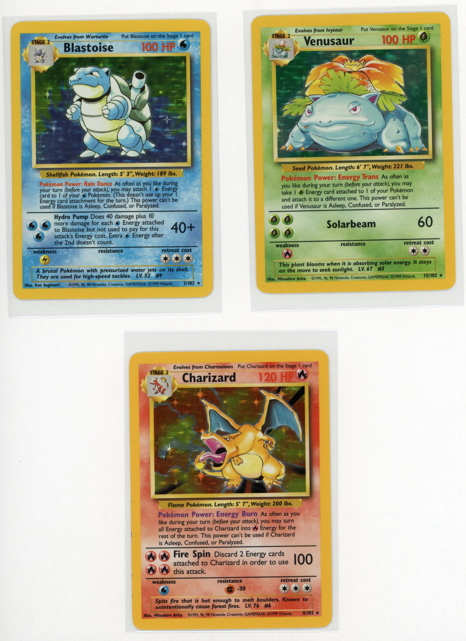 Blastoise #2 // Charizard #4 // Venusaur #15 - Base Set Unlimited (VLP/NM): This set features the three iconic Base Set holos: Blastoise #2, Charizard #4, and Venusaur #15. Each card is in the Very Light Play to Near Mint range. The set is being sold on behalf of a former Wiz