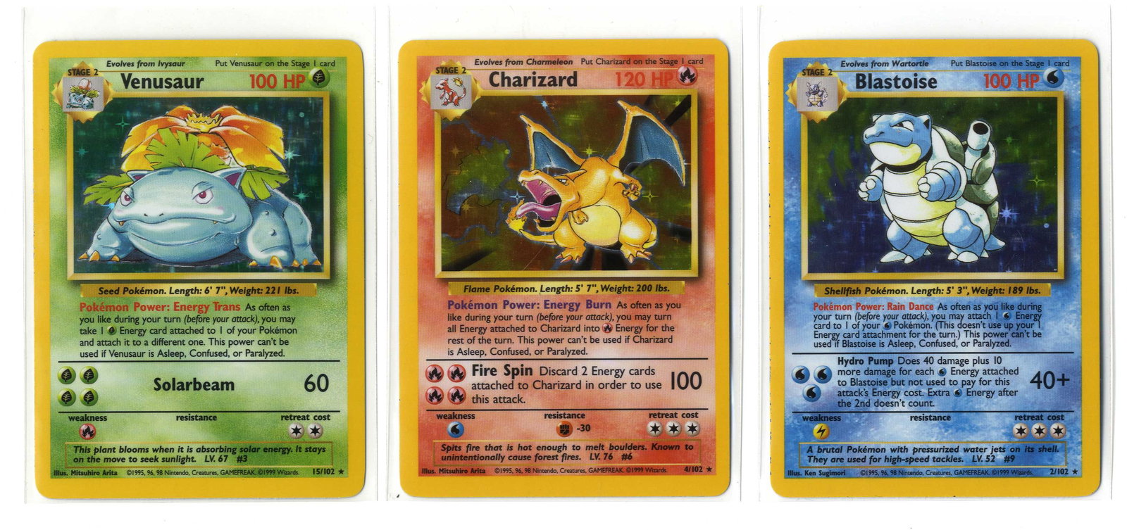 Blastoise #2 // Charizard #4 // Venusaur #15 - Base Set Unlimited (VLP/NM): This set features the three iconic Base Set holos: Blastoise #2, Charizard #4, and Venusaur #15. Each card is in the Very Light Play to Near Mint range. The set is being sold on behalf of a former Wiz