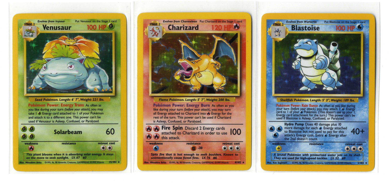 Blastoise #2 // Charizard #4 // Venusaur #15 - Base Set Unlimited (VLP/NM): This set features the three iconic Base Set holos: Blastoise #2, Charizard #4, and Venusaur #15. Each card is in the Very Light Play to Near Mint range. The set is being sold on behalf of a former Wiz