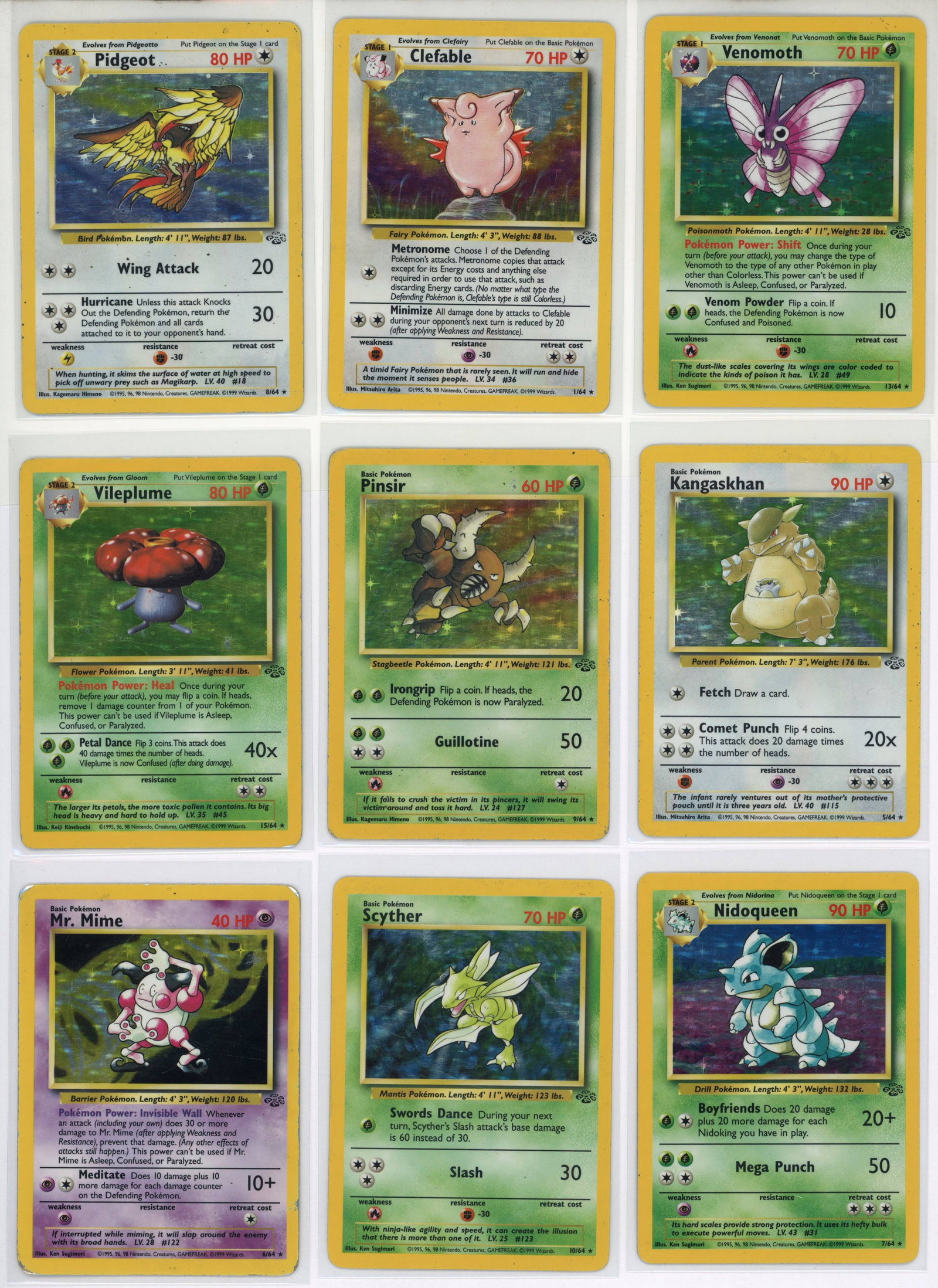 Jungle Partially Complete Set Inc. X13 Holos: A partially complete set of Jungle, the second main expansion of cards of the Pok??mon Trading Card Game released June 16, 1999. This set includes x13 holos and x41 other rares, uncommons, and common 