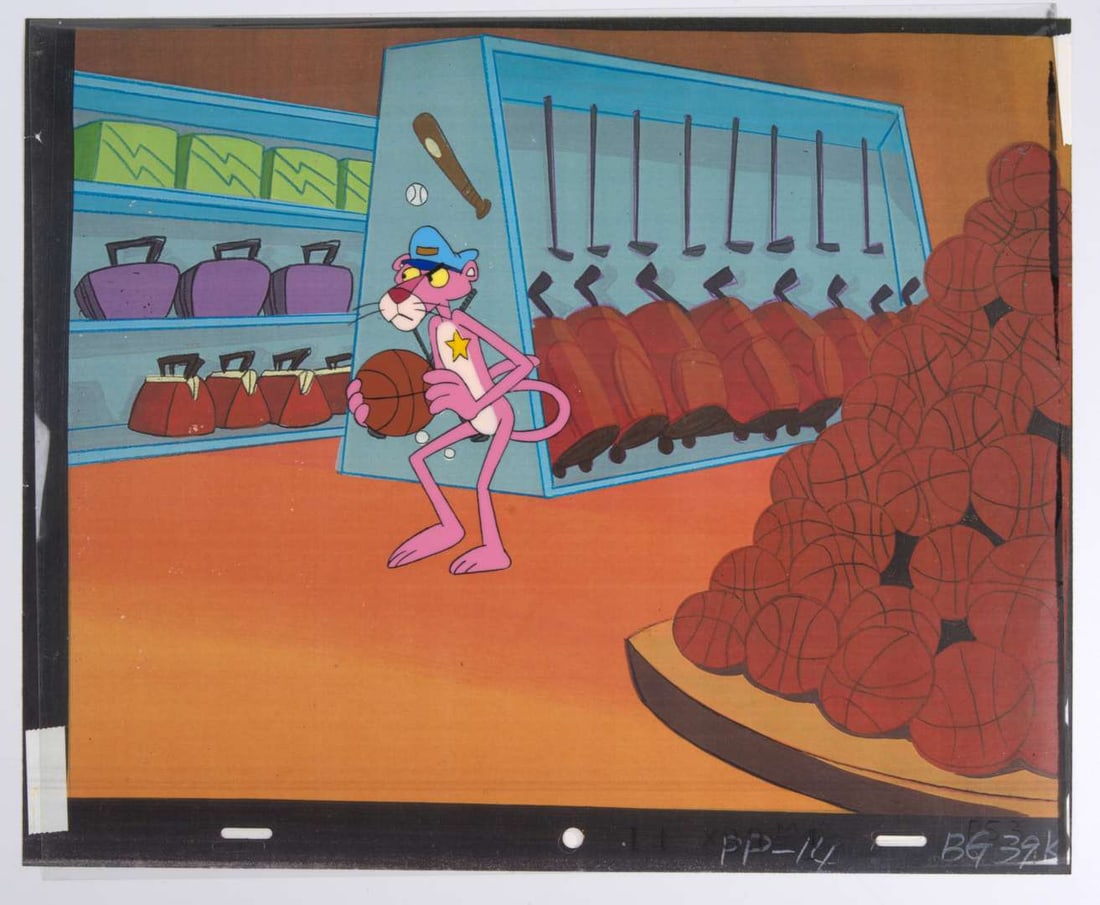 The Pink Panther Show Original Hand Painted Production Cel (MGM, 1993-1995): The Pink Panther Show Original Hand Painted Production Cel (MGM, 1993-1995).Original animation cel of Pink Panther as a police officer. With a printed background.?Measurements: Character cel, 12.5" x 