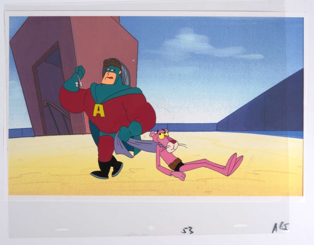 The Pink Panther Show Original Pink Panther Hand Painted Production Cel (MGM, 1993-1995): The Pink Panther Show Original Hand Painted Production Cel (MGM, 1993-1995).Original animation cel of Pink Panther as a cowboy using his tail as a whip. From, ?Power of Pink?, season 2 episode 8 (1994