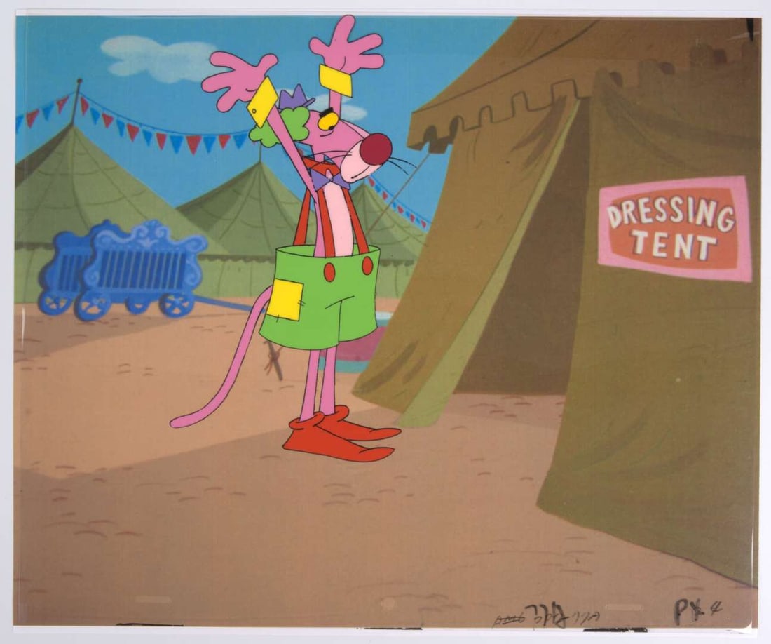 The Pink Panther Show Original Pink Panther Hand Painted Production Cel (MGM, 1993-1995): The Pink Panther Show Original Hand Painted Production Cel (MGM, 1993-1995).Original animation cel of Pink Panther as a clown. With a printed background. From, ?Big Top Pinky?, season 1 episode 4 (199