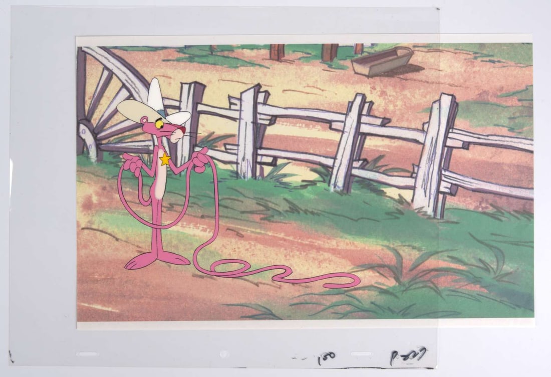 The Pink Panther Show Original Pink Panther Hand Painted Production Cel (MCM, 1993-1995): The Pink Panther Show Original Hand Painted Production Cel (MCM, 1993-1995).Original animation cel of Pink Panther as a cowboy using his tail as a whip. With a printed background. From, ?Cowboy Pinky?