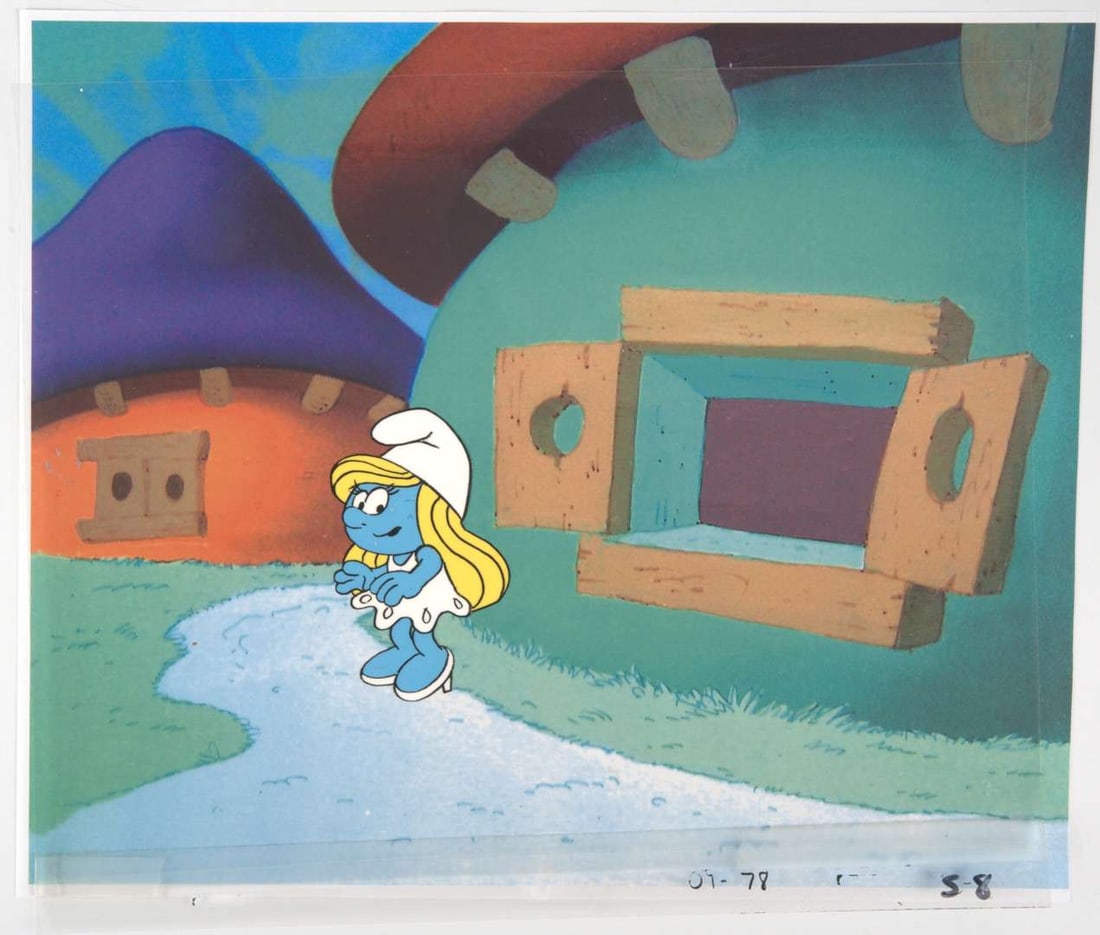 The Smurfs Smurfette Original Hand Painted Production Cel (Hanna Barbera, 1981-1989): The Smurfs Smurfette Original Hand Painted Production Cel (Hanna Barbera, 1981-1989).Original animation cel of Smurfette, with a reproduction background.Notes: few flicks on point on the left side of 